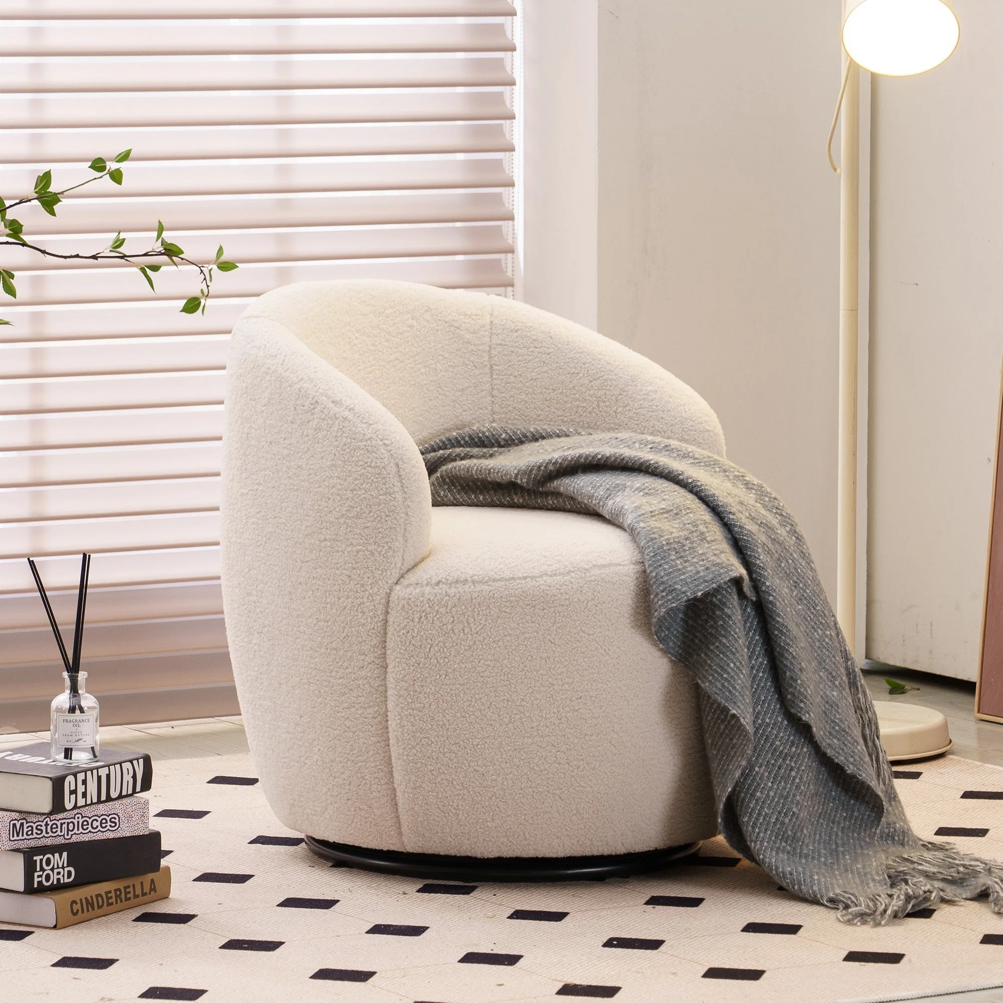 Teddy Fabric Swivel Accent Armchair Barrel Chair with Black Powder Coating Metal Ring, Ivory White