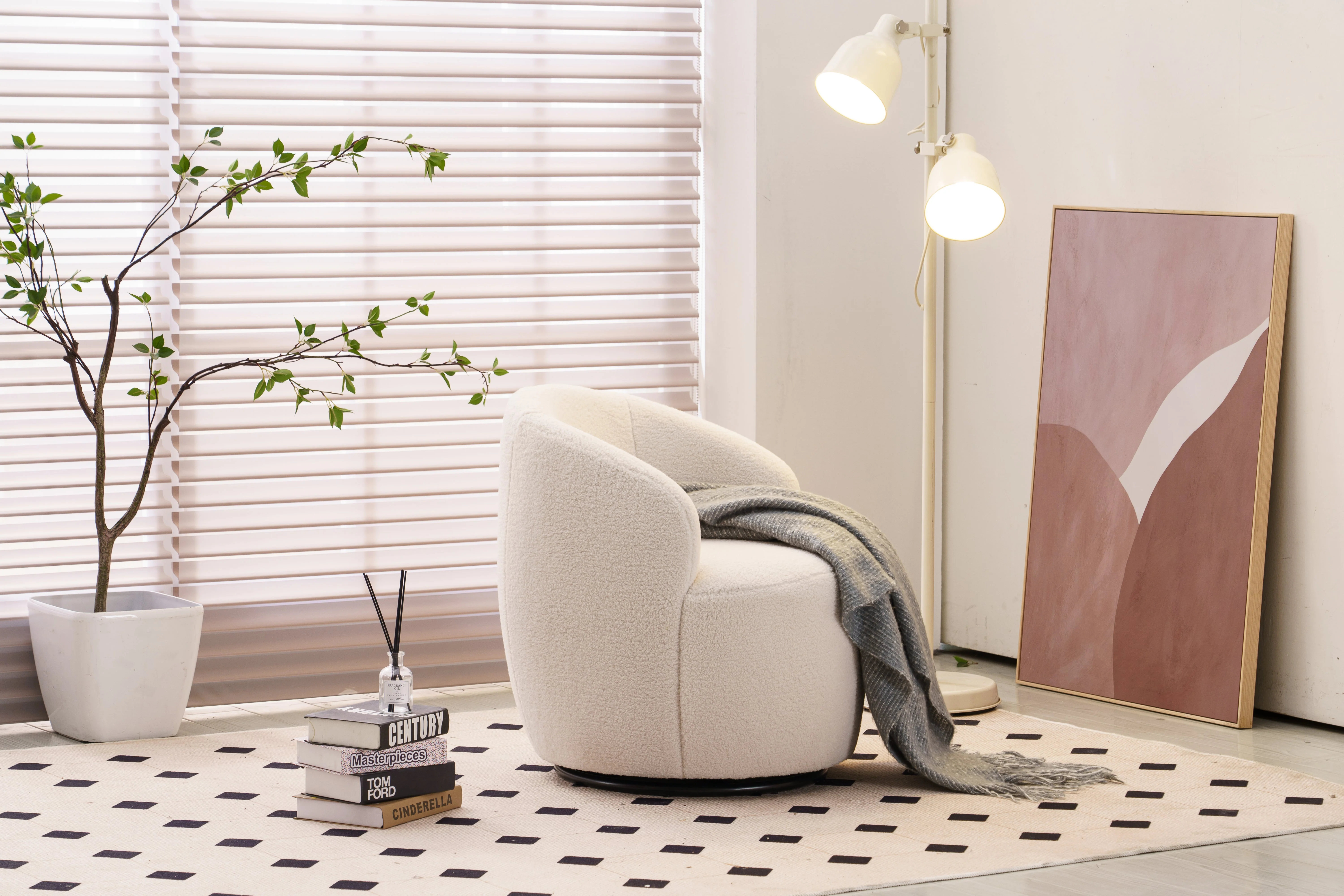Teddy Fabric Swivel Accent Armchair Barrel Chair with Black Powder Coating Metal Ring, Ivory White - Image 2