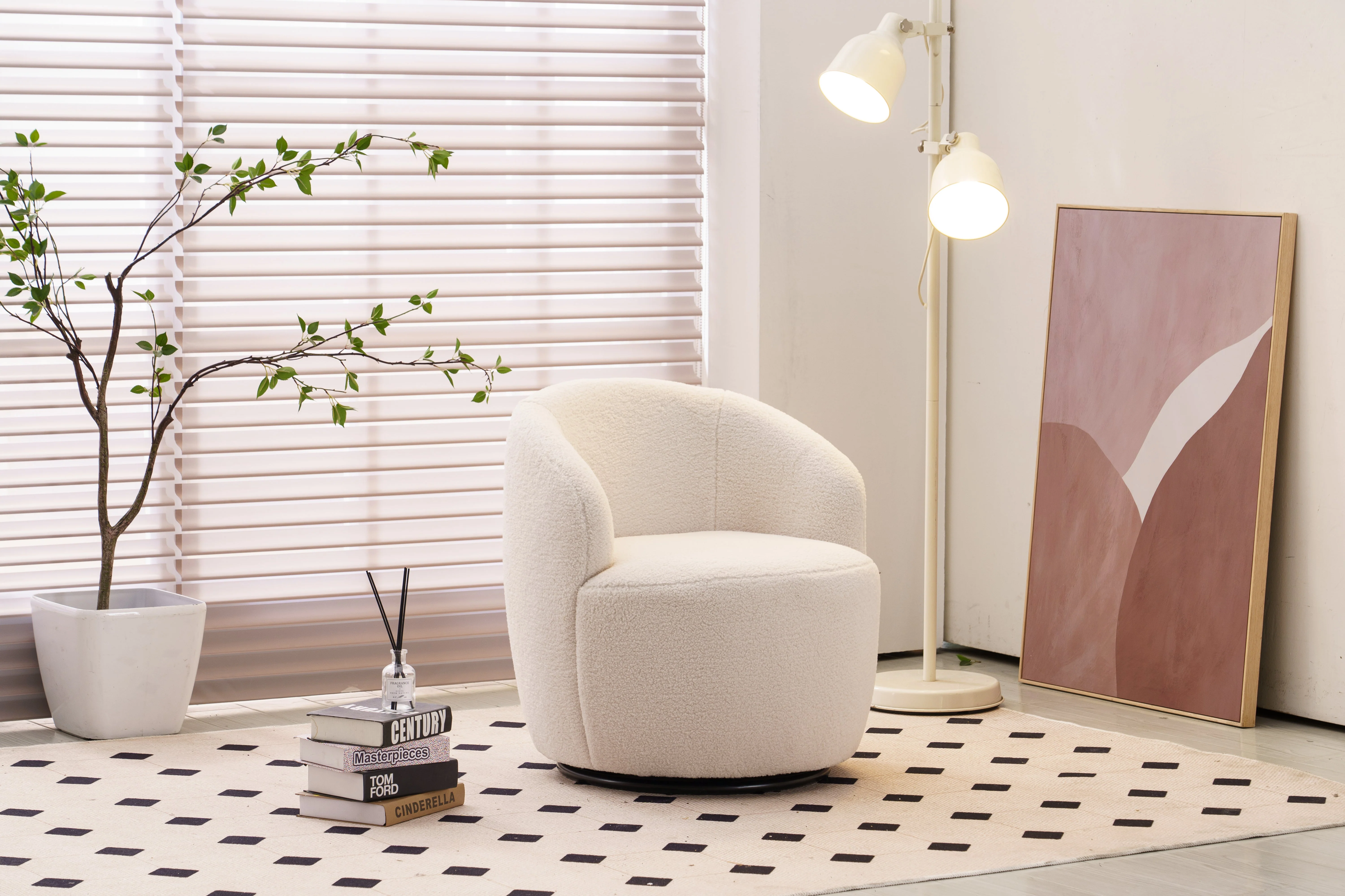 Teddy Fabric Swivel Accent Armchair Barrel Chair with Black Powder Coating Metal Ring, Ivory White - Image 3