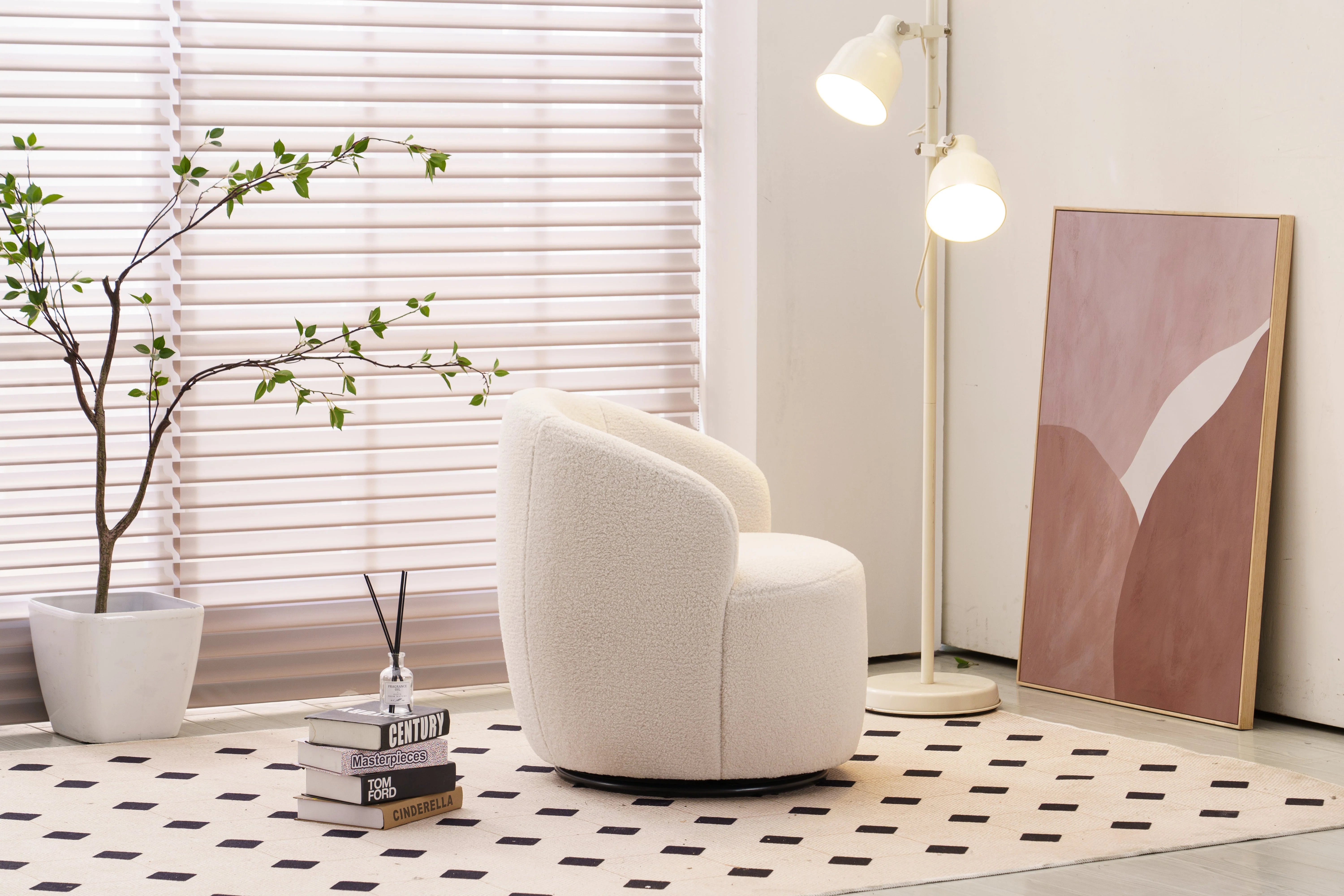 Teddy Fabric Swivel Accent Armchair Barrel Chair with Black Powder Coating Metal Ring, Ivory White - Image 4