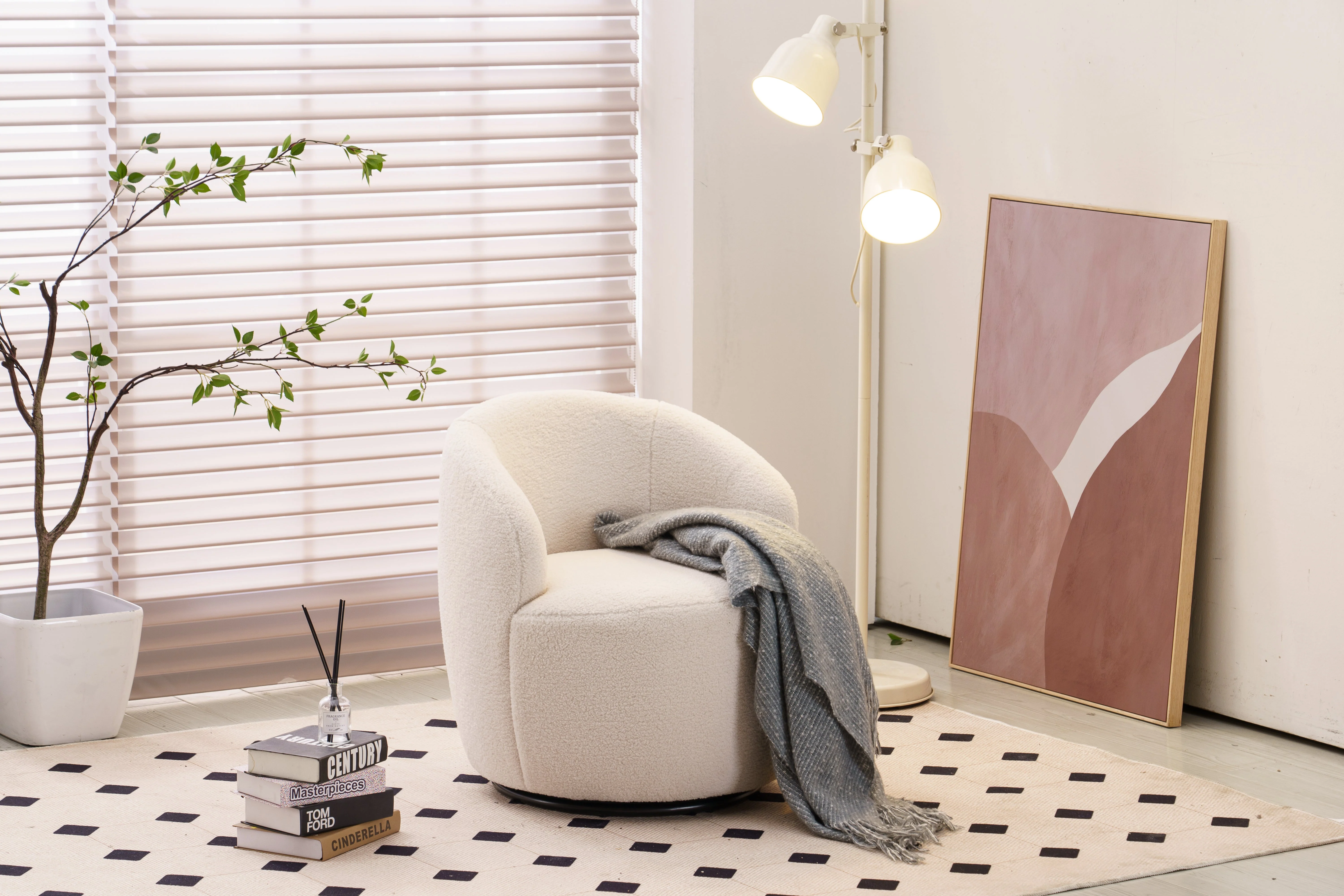 Teddy Fabric Swivel Accent Armchair Barrel Chair with Black Powder Coating Metal Ring, Ivory White - Image 6