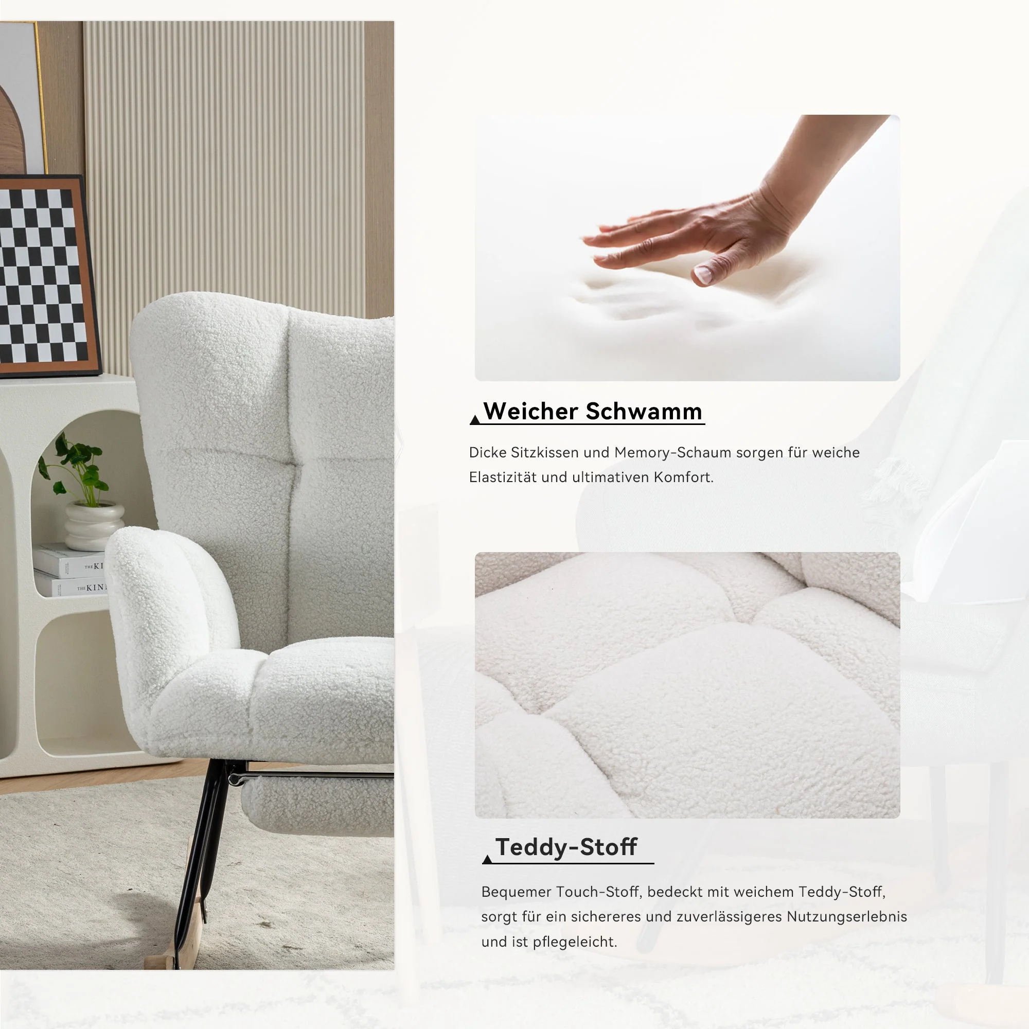 009B Rocking Chair, Upholstered with Retractable Footrest, White Teddy Fabric - Image 6