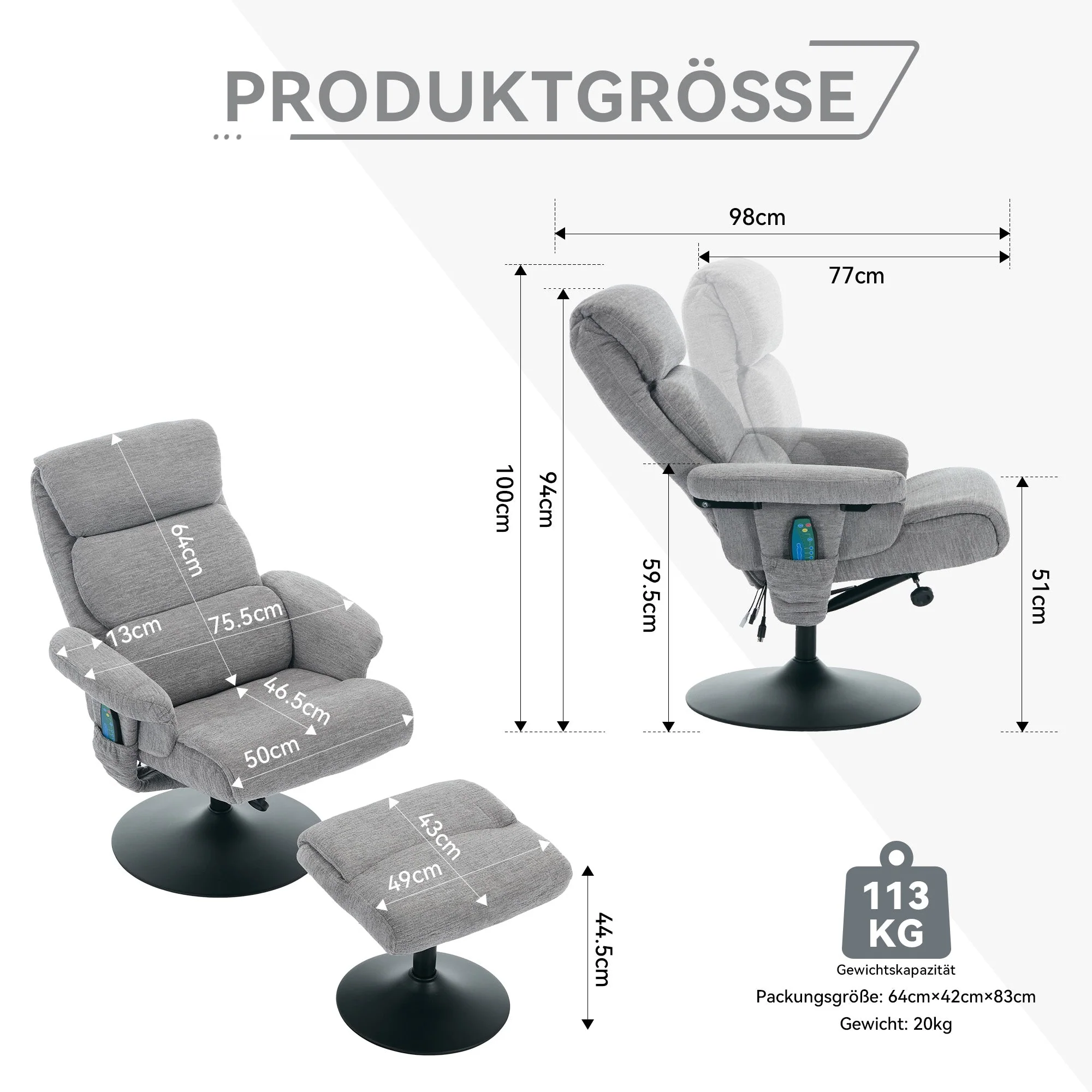 023 Recliner Chair, 5-Point Massage, Heated, 360° Swivel, Chenille Fabric Grey - Image 3