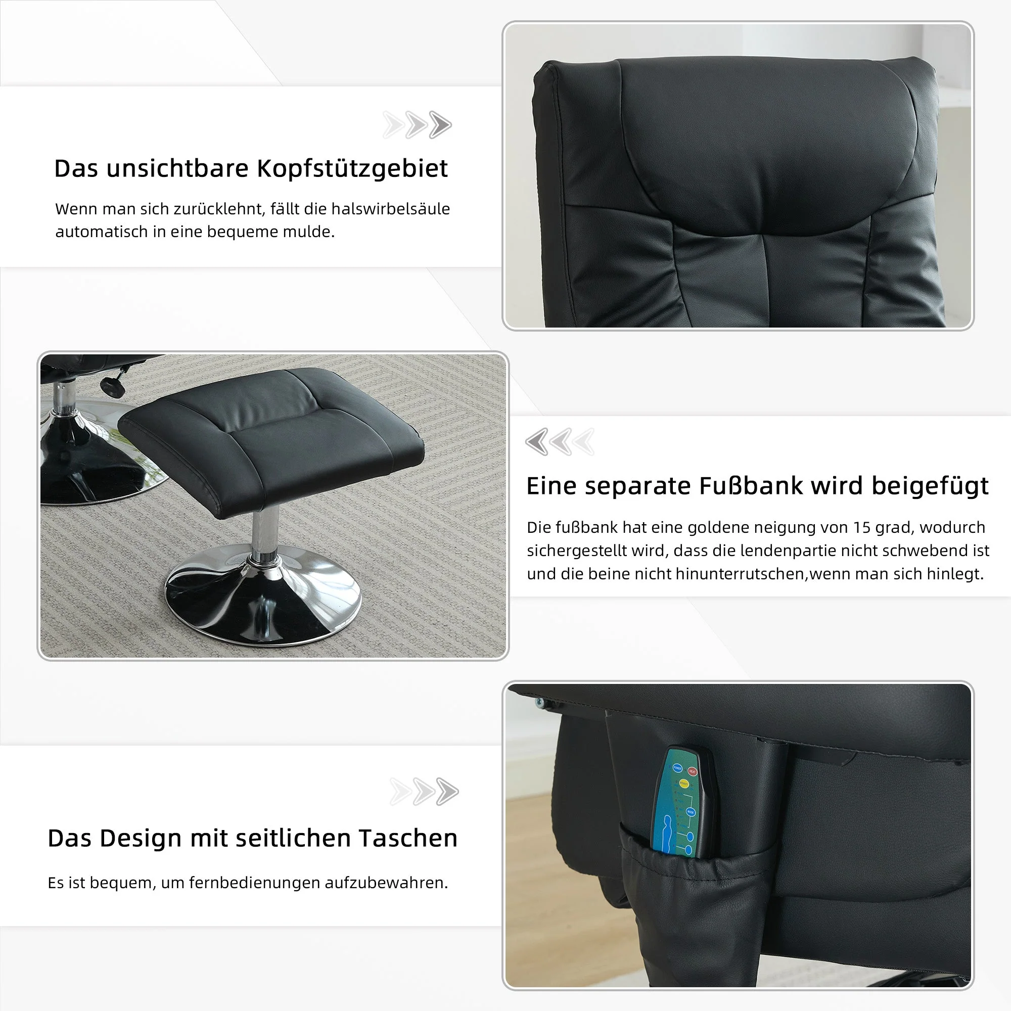 024 Recliner Chair, 5-Point Massage, Electric Heat & Footstool, 360° Swivel, Black PU Fabric - Image 5