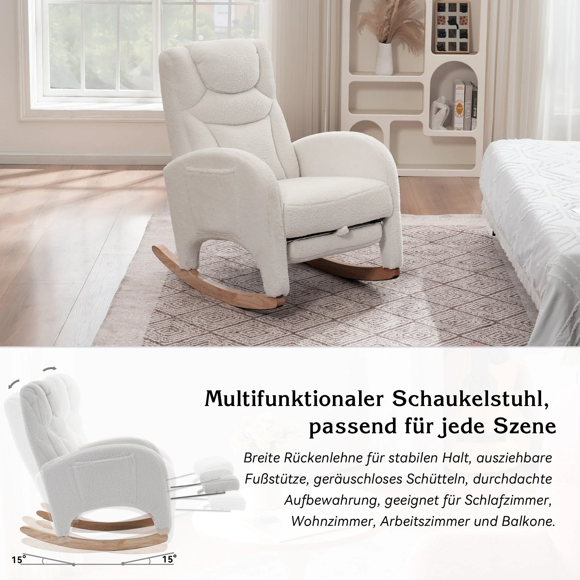 052 Rocking Chair, Upholstered with Armrest, 110 kg, White Teddy Fabric - Image 5