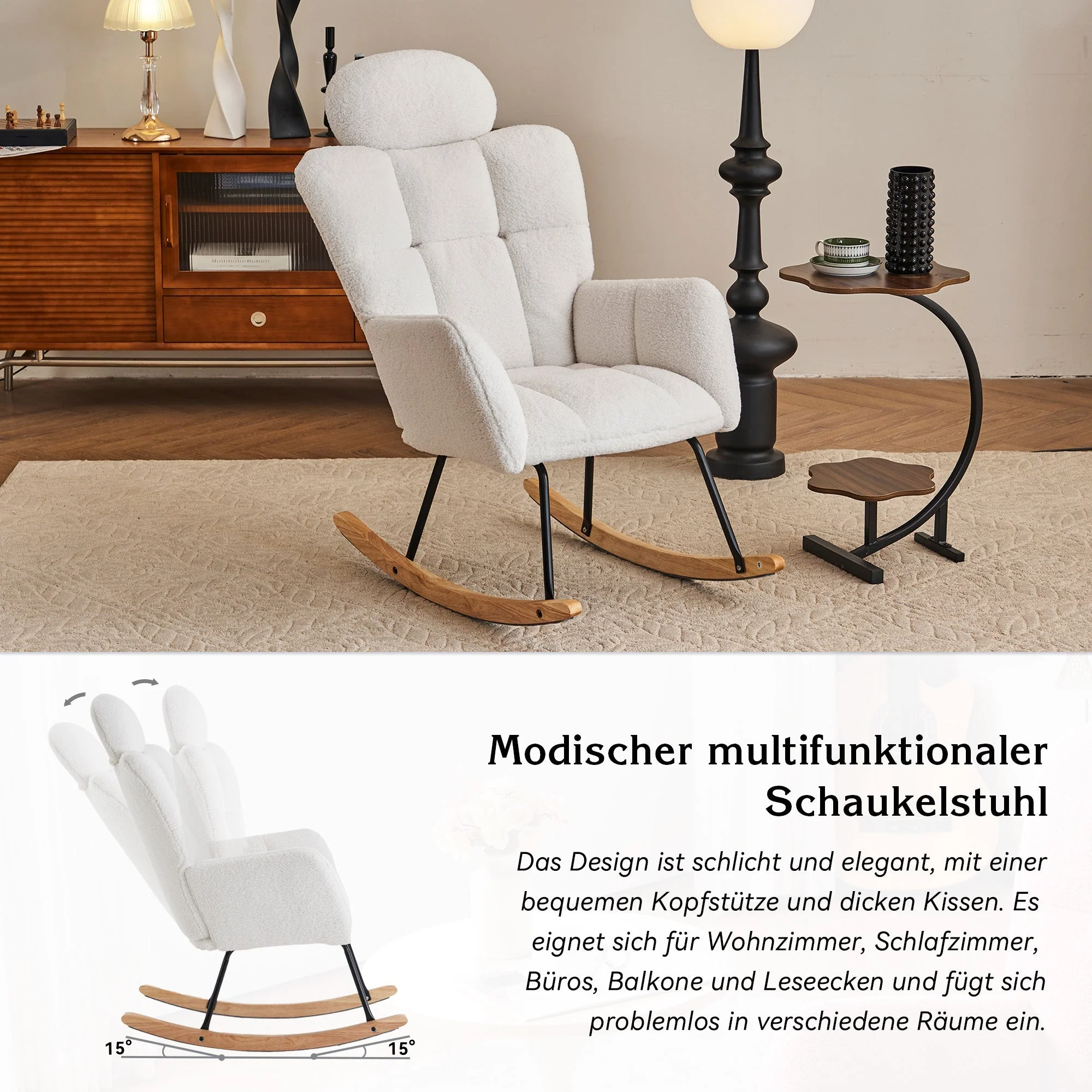 055 Rocking Chair, Tufted Upholstered Seat, White - Image 4