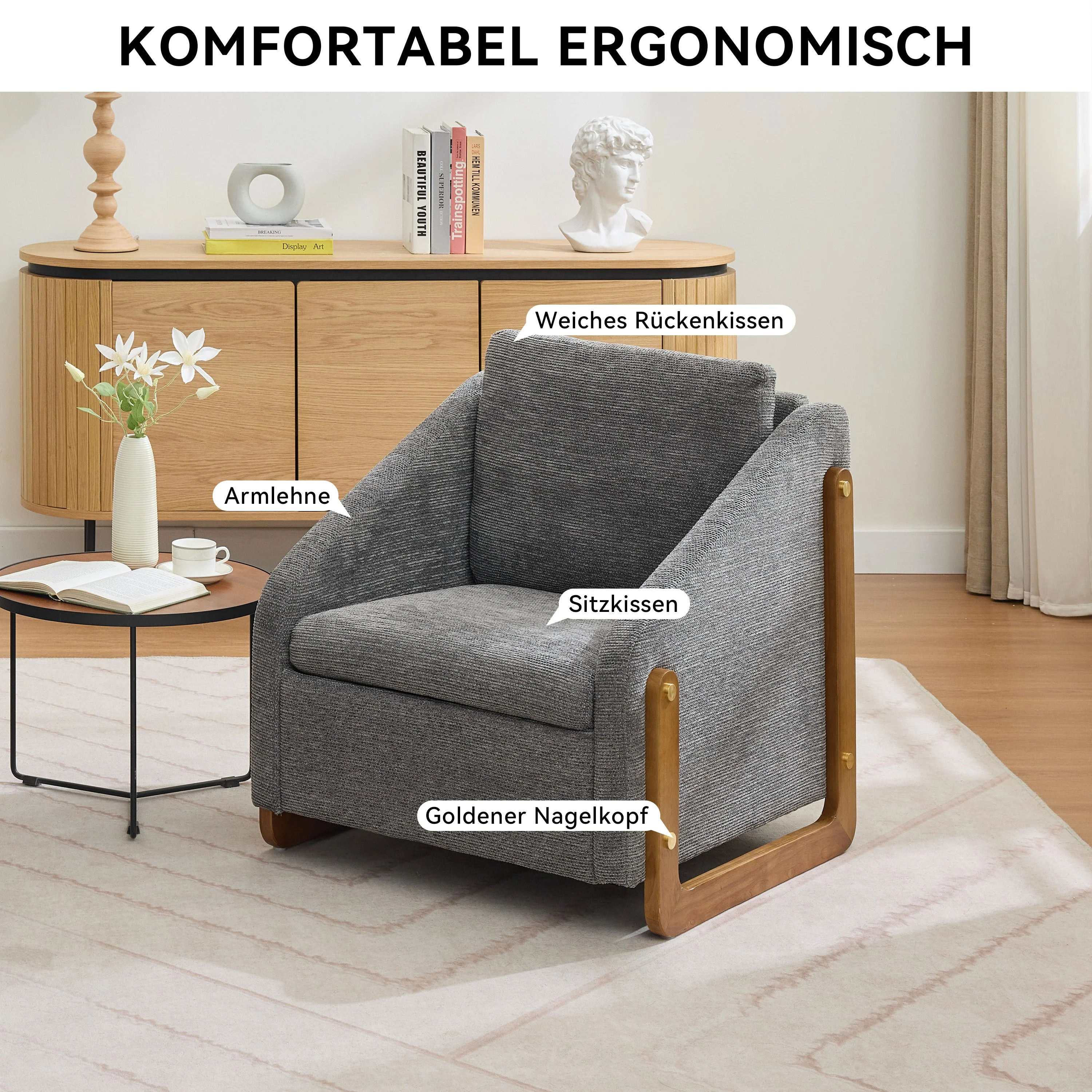 057 Armchair, Accent Lounge Chair with Wooden Armrests & Back Cushion, Grey Chenille Fabric - Image 2
