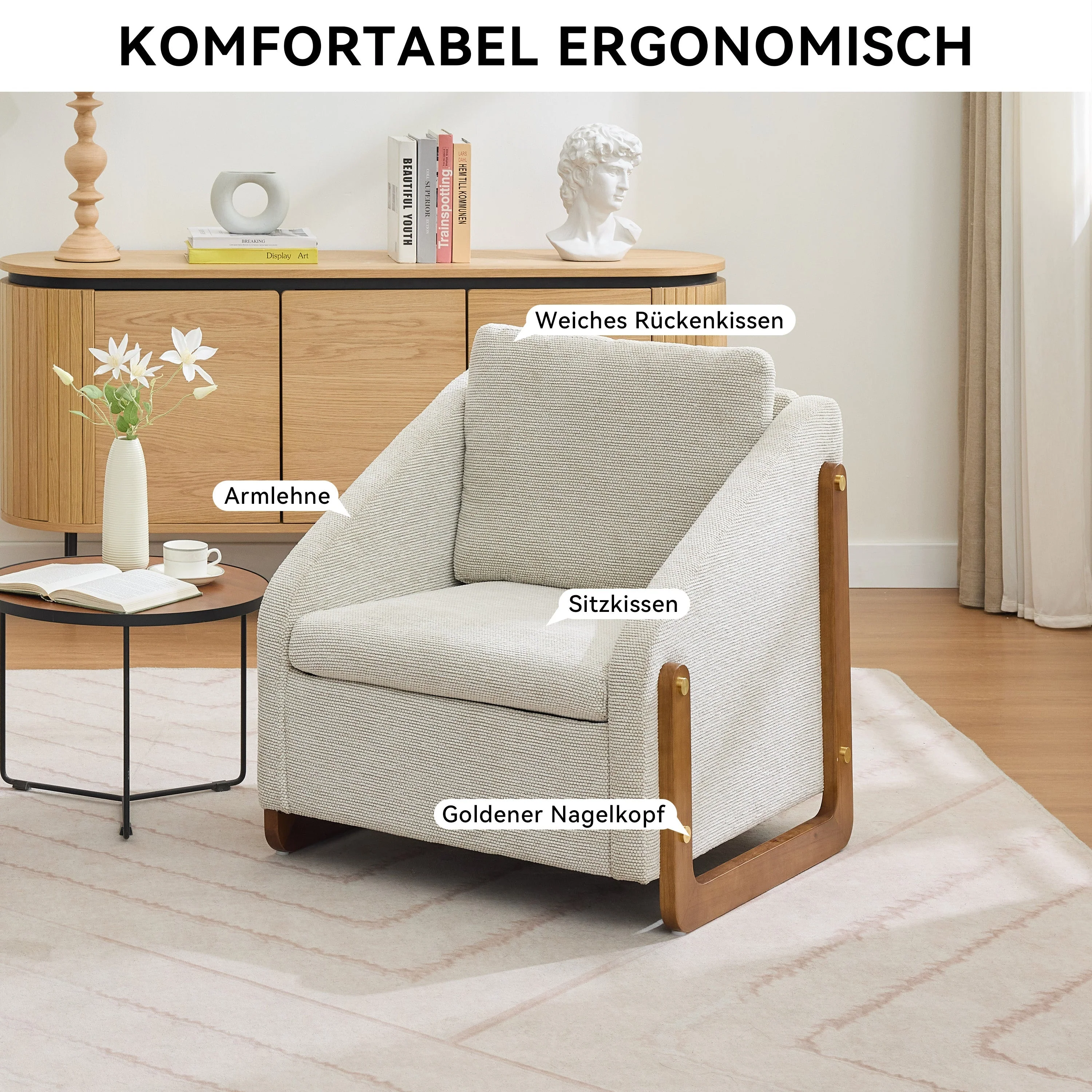057 Armchair, Living Room Accent Lounge Chair with Wooden Armrests & Back Cushion, Beige Chenille Fabric - Image 2