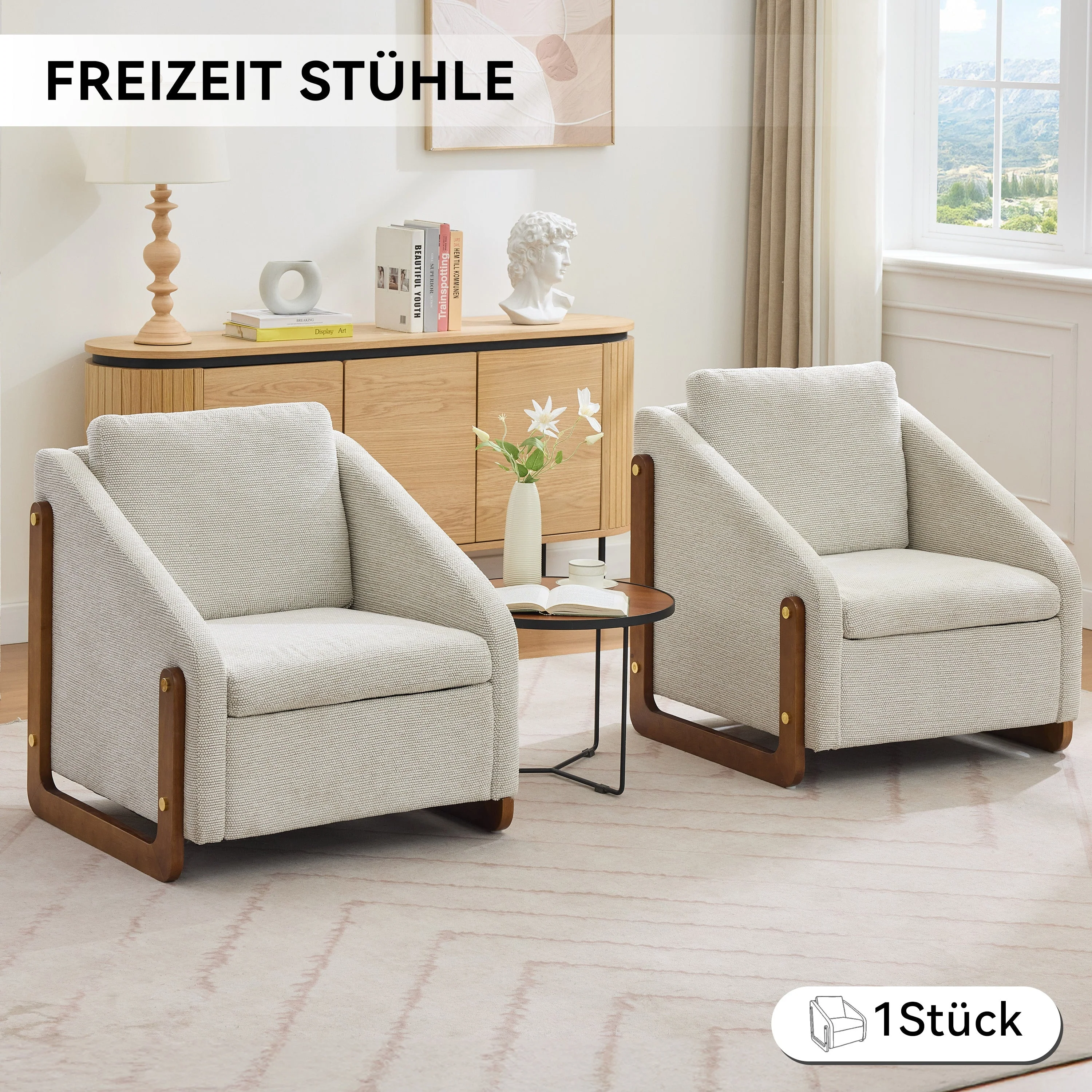 057 Armchair, Living Room Accent Lounge Chair with Wooden Armrests & Back Cushion, Beige Chenille Fabric - Image 3