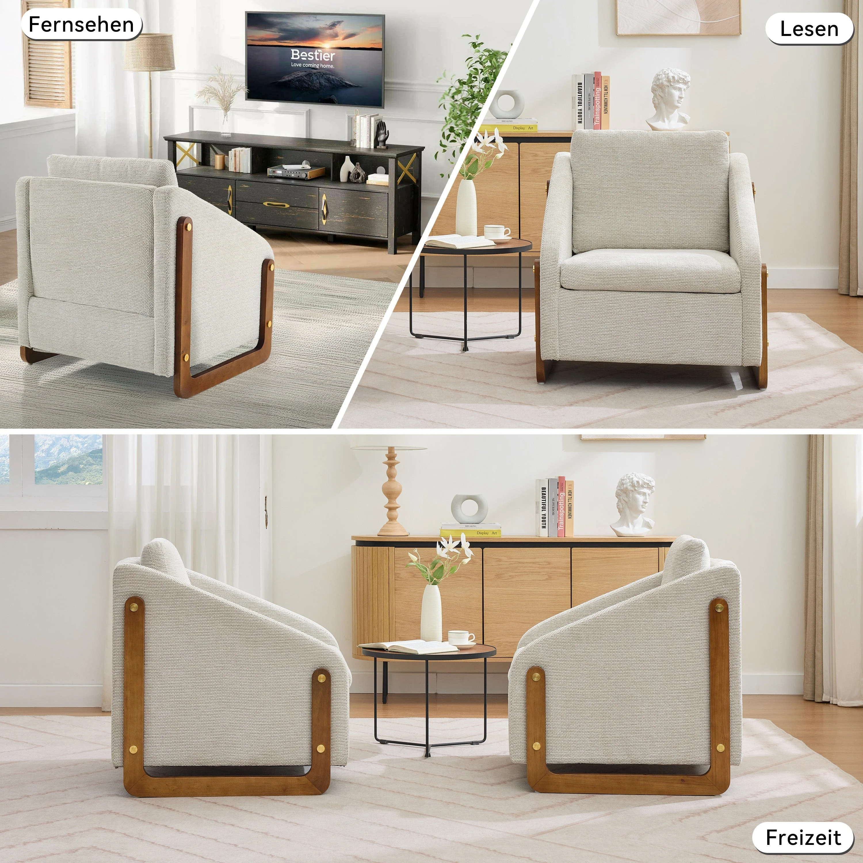 057 Armchair, Living Room Accent Lounge Chair with Wooden Armrests & Back Cushion, Beige Chenille Fabric - Image 4