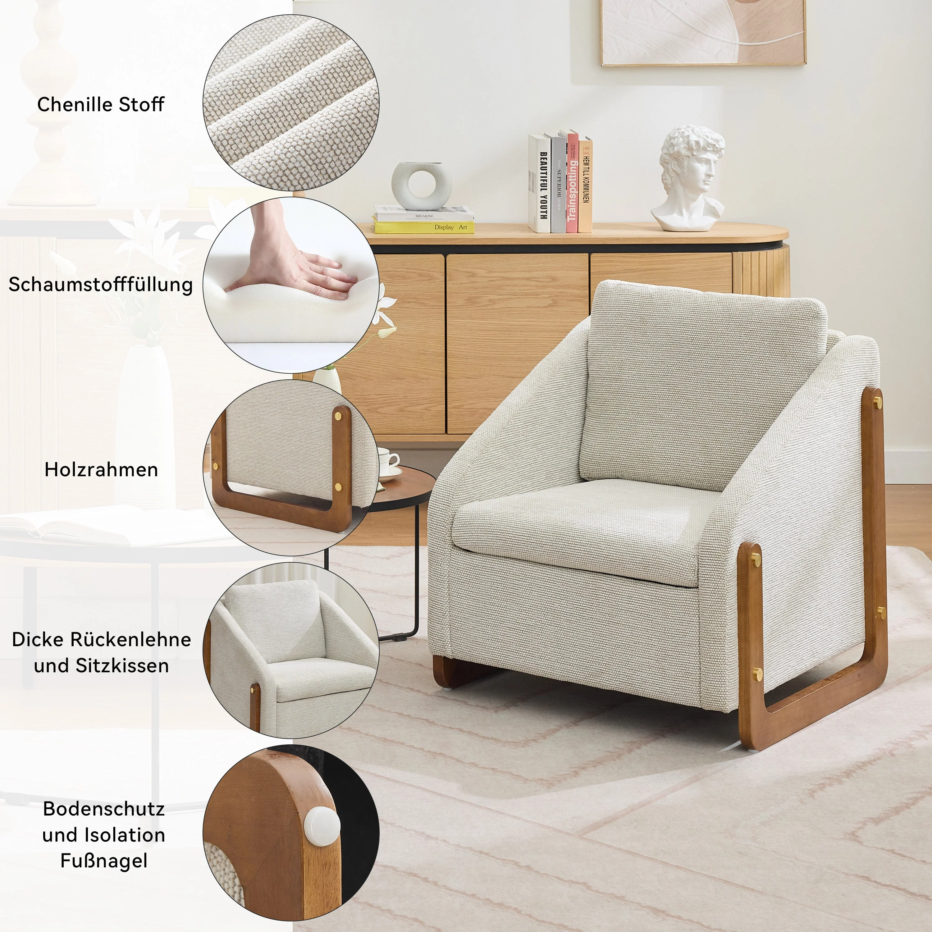 057 Armchair, Living Room Accent Lounge Chair with Wooden Armrests & Back Cushion, Beige Chenille Fabric - Image 5