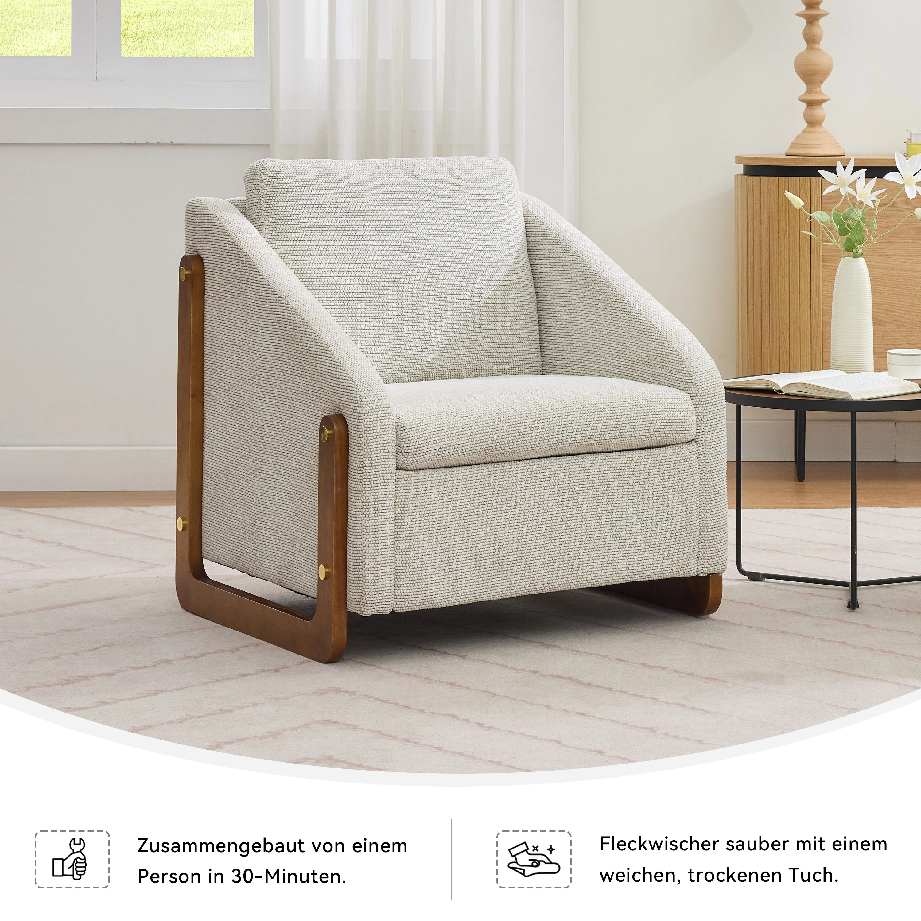 057 Armchair, Living Room Accent Lounge Chair with Wooden Armrests & Back Cushion, Beige Chenille Fabric - Image 6