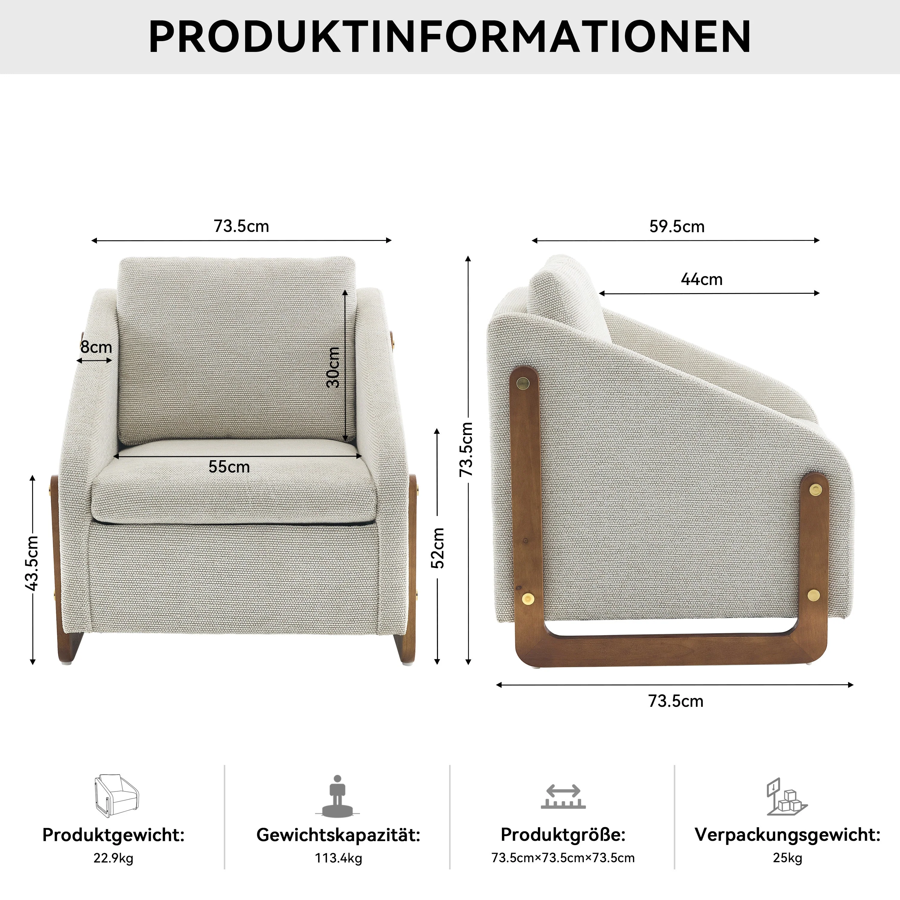 057 Armchair, Living Room Accent Lounge Chair with Wooden Armrests & Back Cushion, Beige Chenille Fabric - Image 7