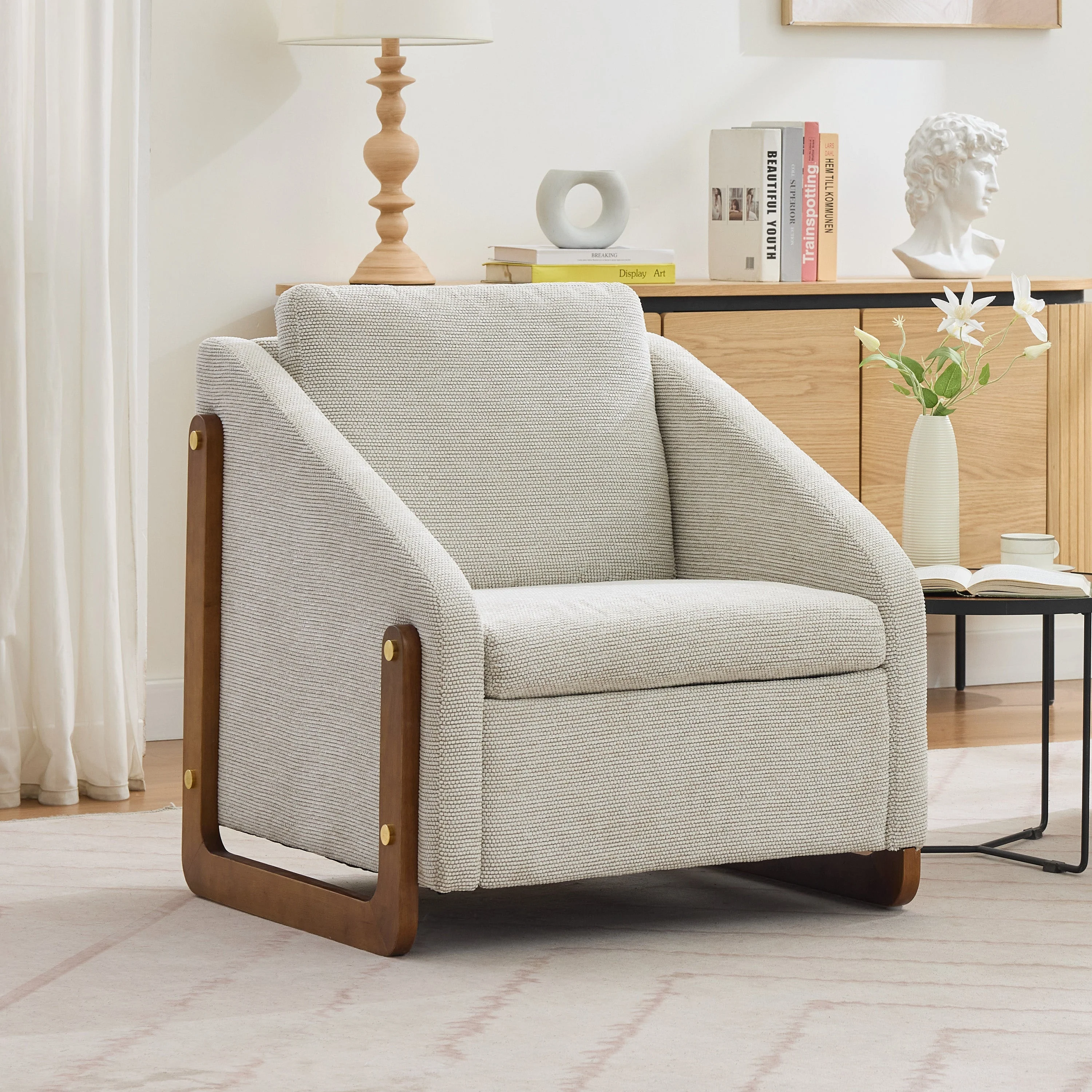 057 Armchair, Living Room Accent Lounge Chair with Wooden Armrests & Back Cushion, Beige Chenille Fabric - Image 8
