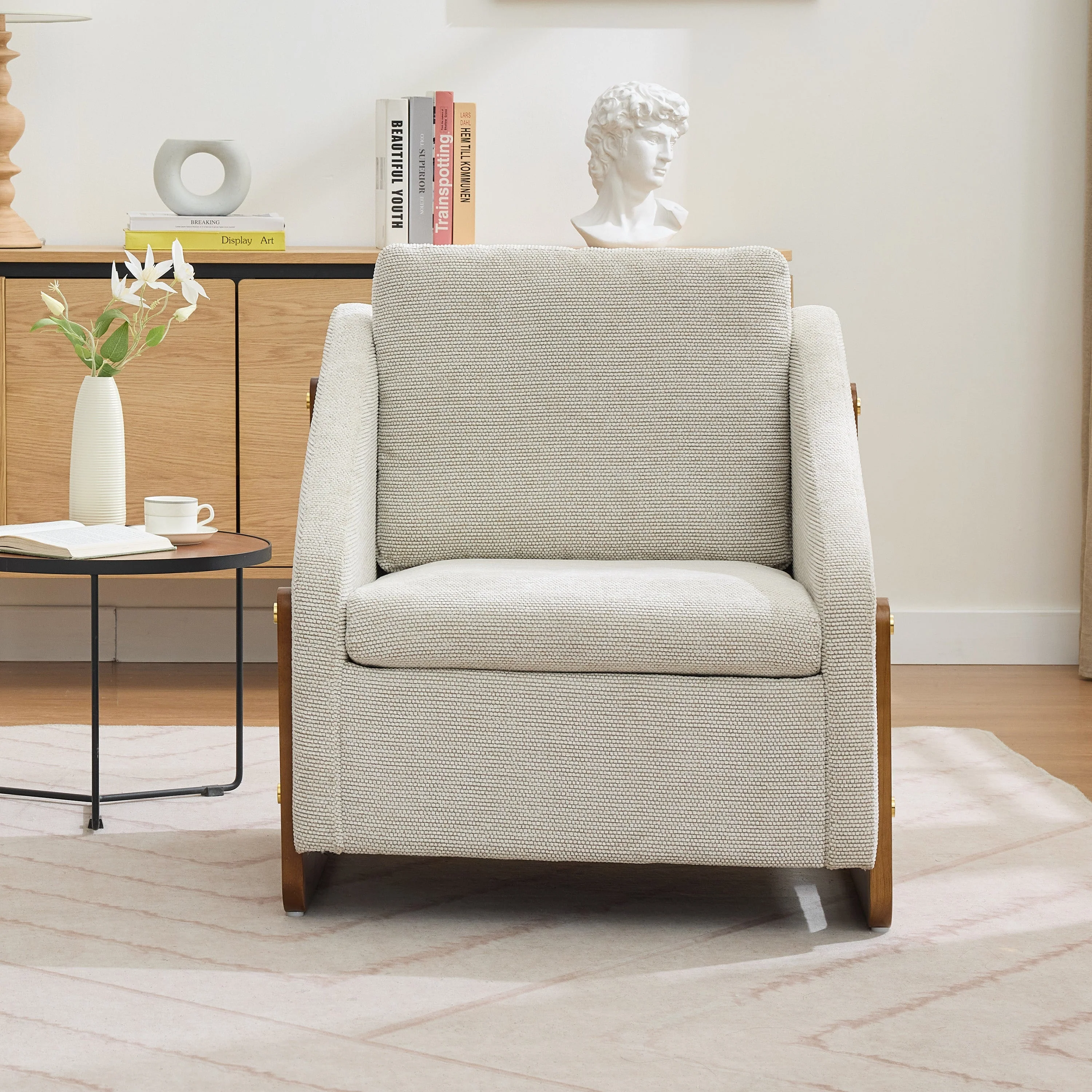 057 Armchair, Living Room Accent Lounge Chair with Wooden Armrests & Back Cushion, Beige Chenille Fabric - Image 9