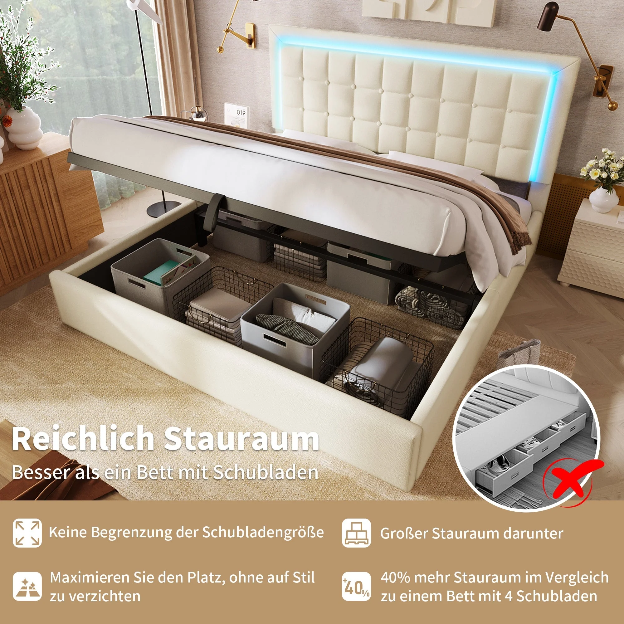 061617AAW Upholstered Double Bed with LED Lighting, Slatted Frame and Storage, 180x200cm, White Faux Leather - Image 4