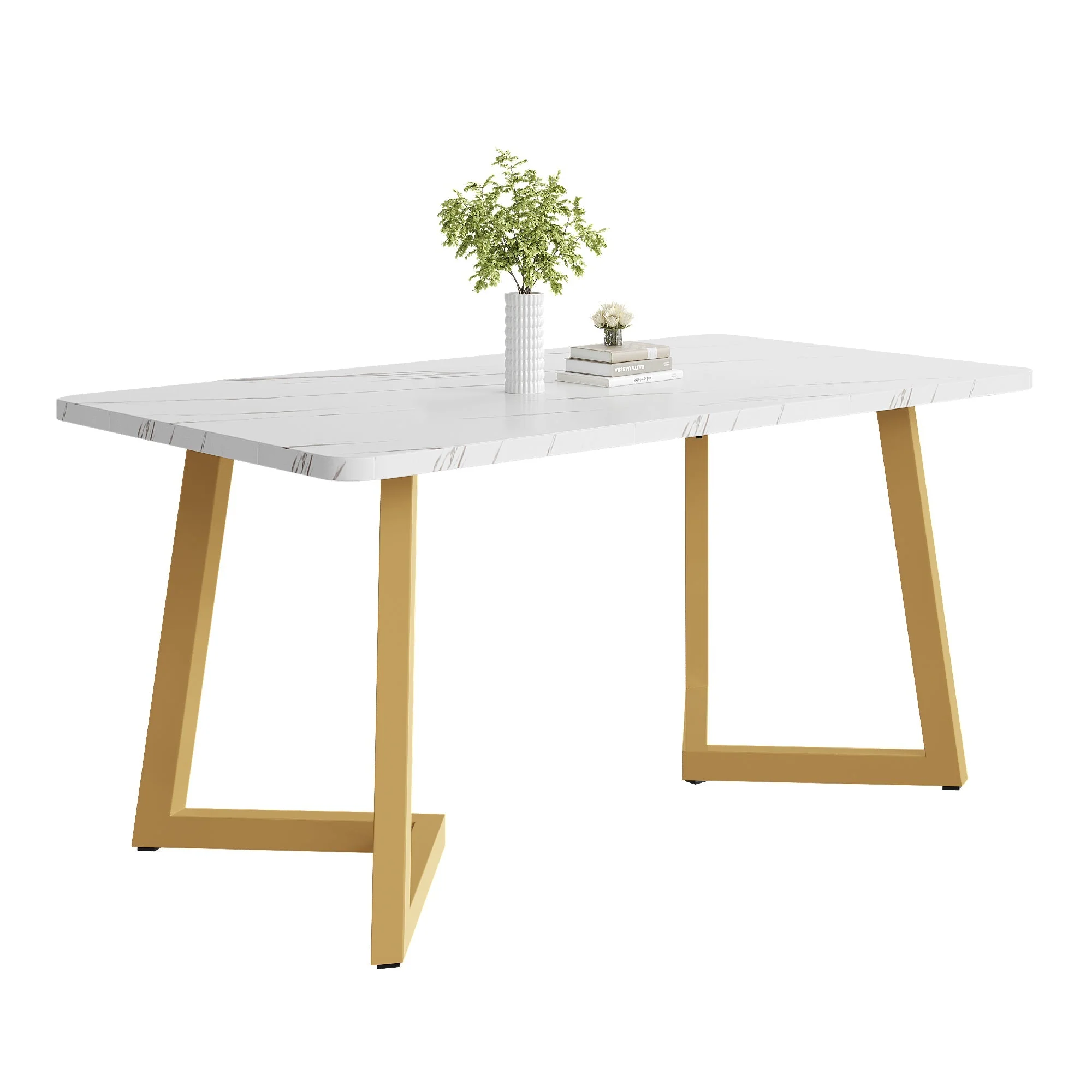 117x68cm Dining Table Rectangular Modern Marble Pattern Metal Frame White Gold/White - Image 2