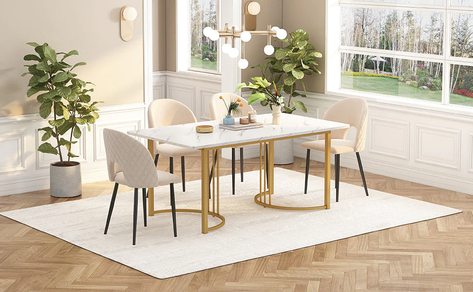 140 x 80cm Dining Table, Modern Rectangular Marble Pattern with Adjustable Metal Legs, White/Gold - Image 2