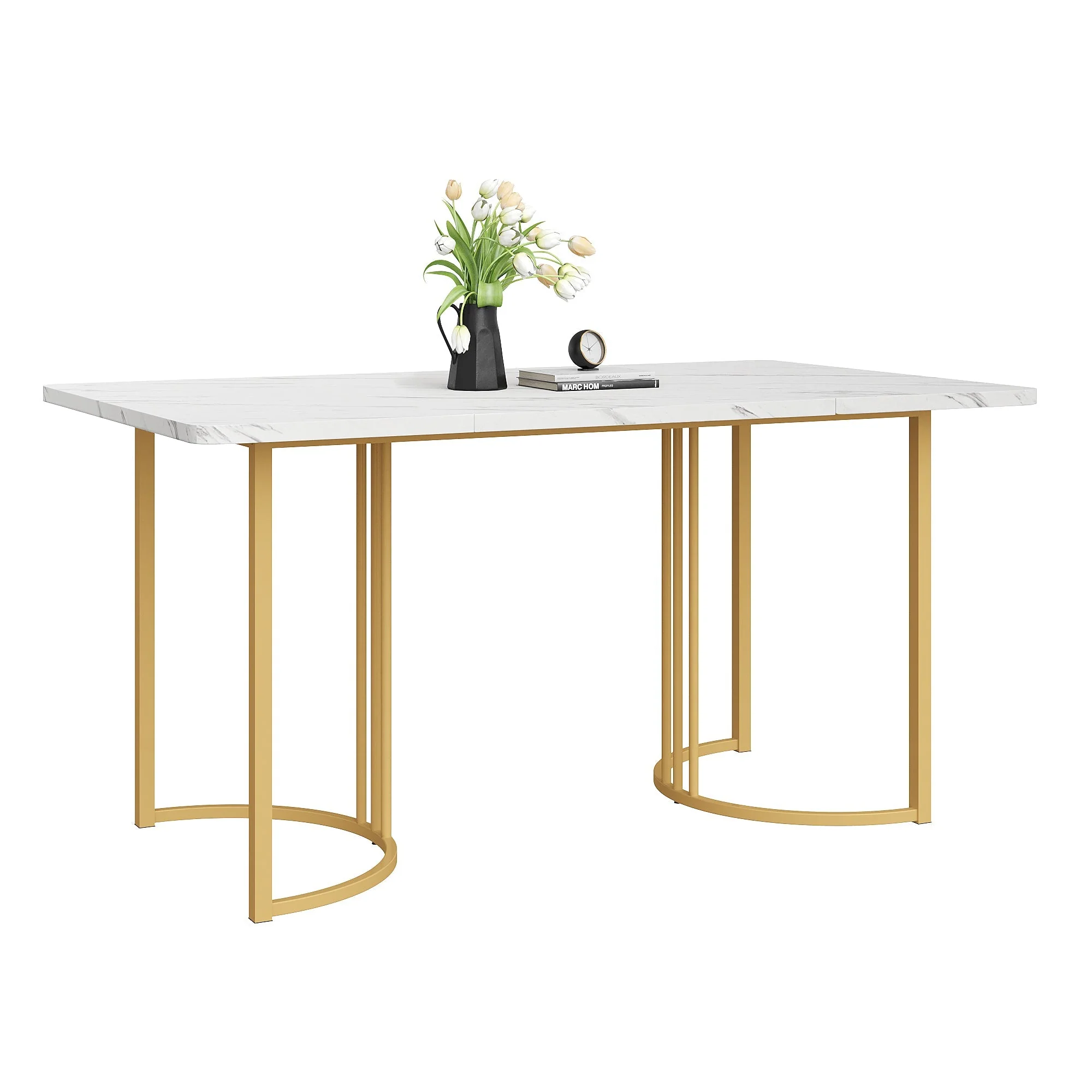 140 x 80cm Dining Table, Modern Rectangular Marble Pattern with Adjustable Metal Legs, White/Gold - Image 3