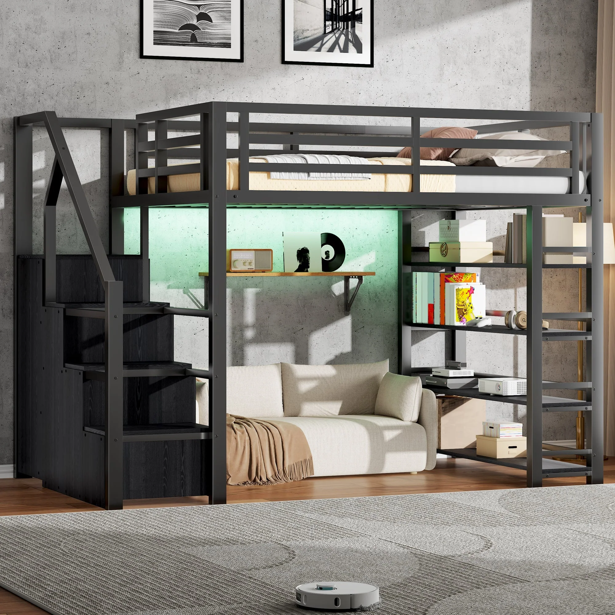 140x200 Metal Loft Bed with Wardrobe, Cabinets and LED Lighting, Black - Image 2