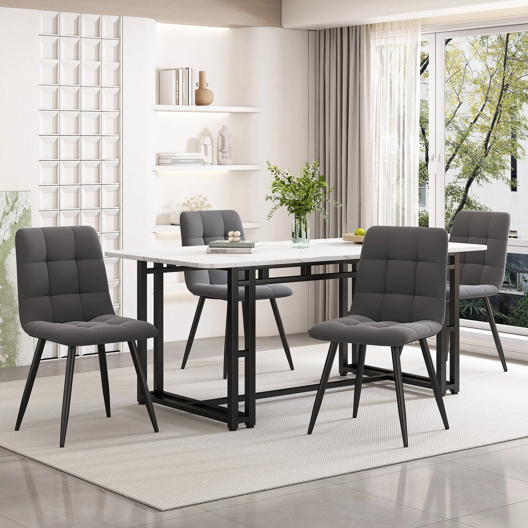 140x80cm Dining Table Set 4 Chairs, Modern Kitchen Dark Grey Velvet, Black Iron
