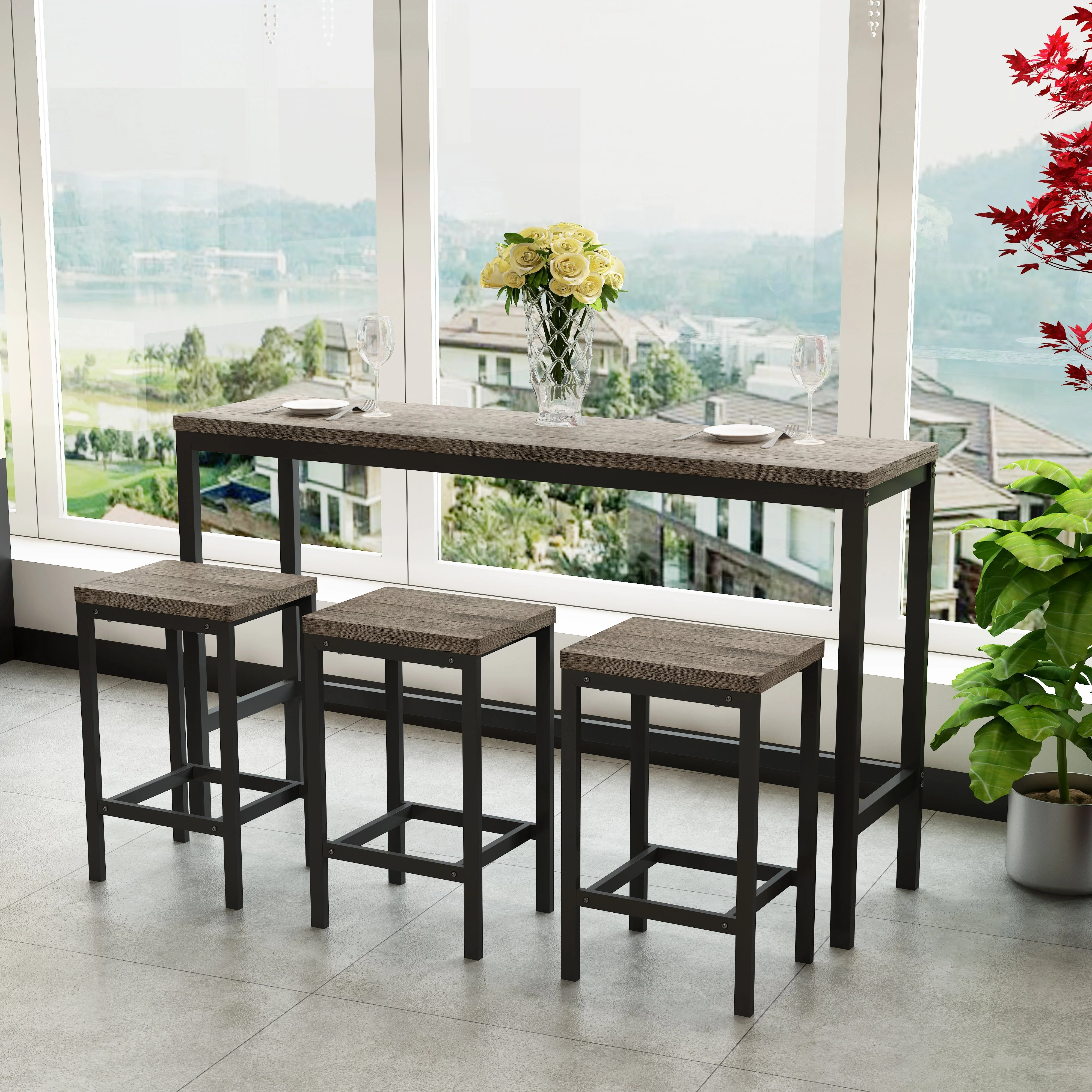 148CM Dining Table Set with 3 Stools, Modern Design, Brown Gray - Image 2