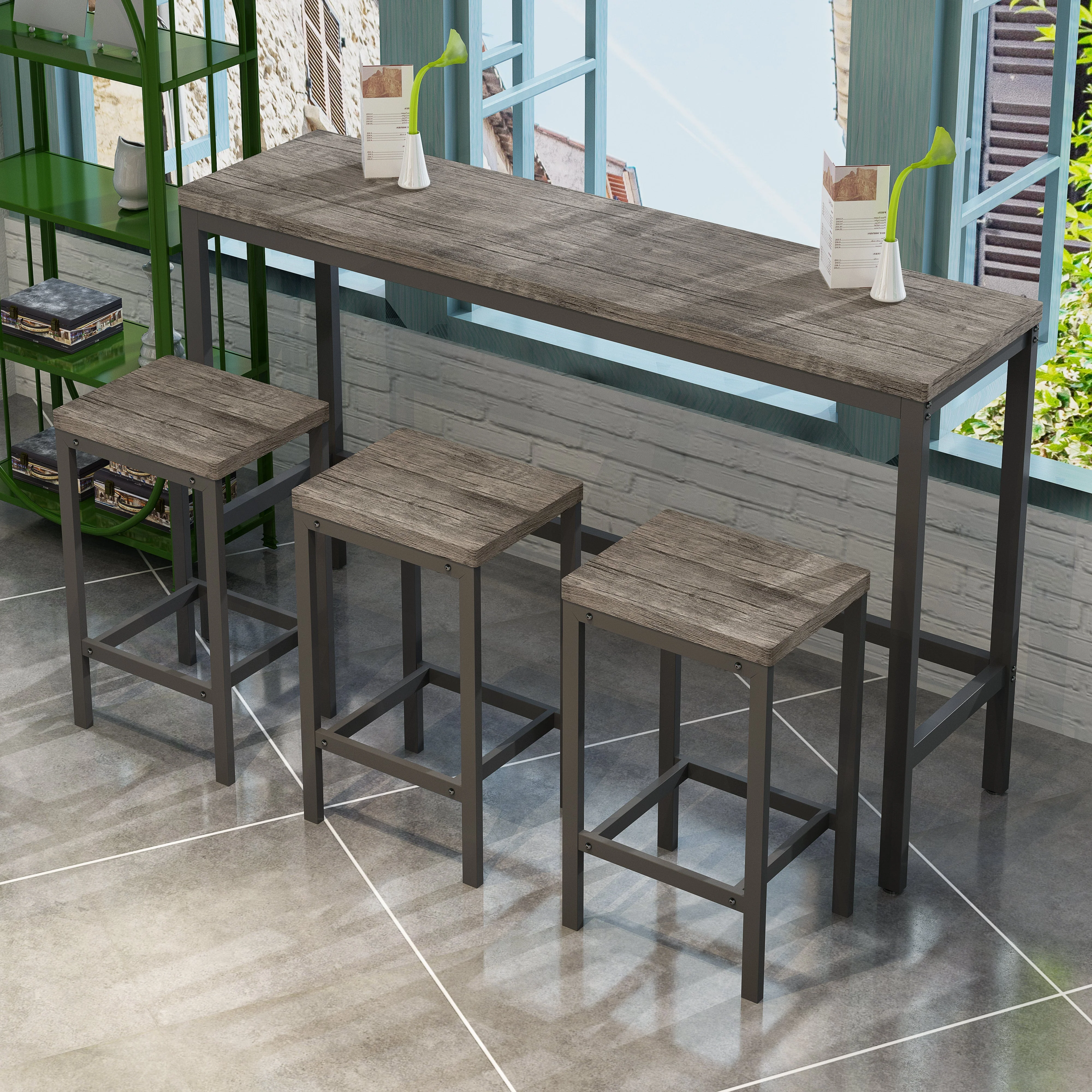 148CM Dining Table Set with 3 Stools, Modern Design, Brown Gray - Image 3