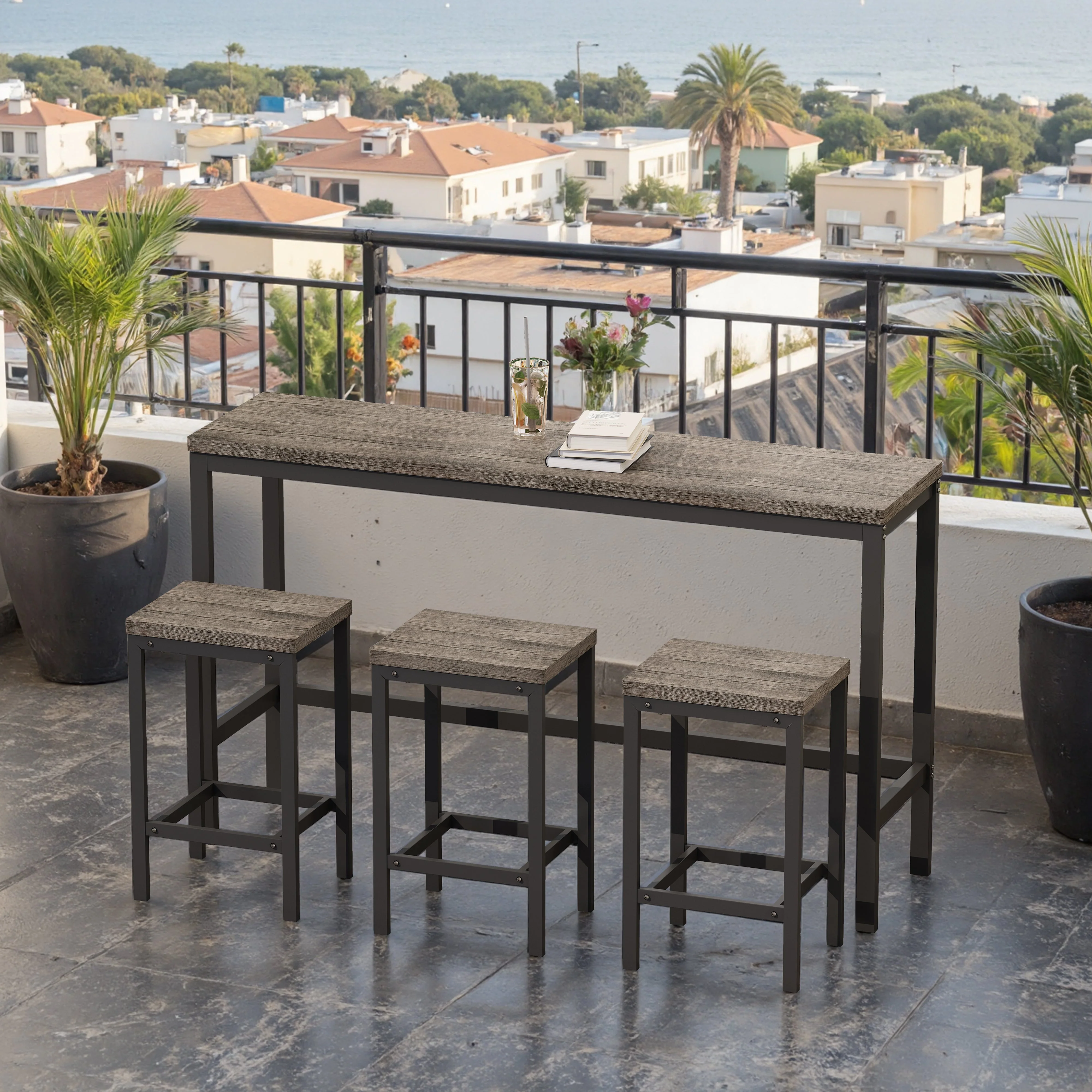 148CM Dining Table Set with 3 Stools, Modern Design, Brown Gray - Image 4