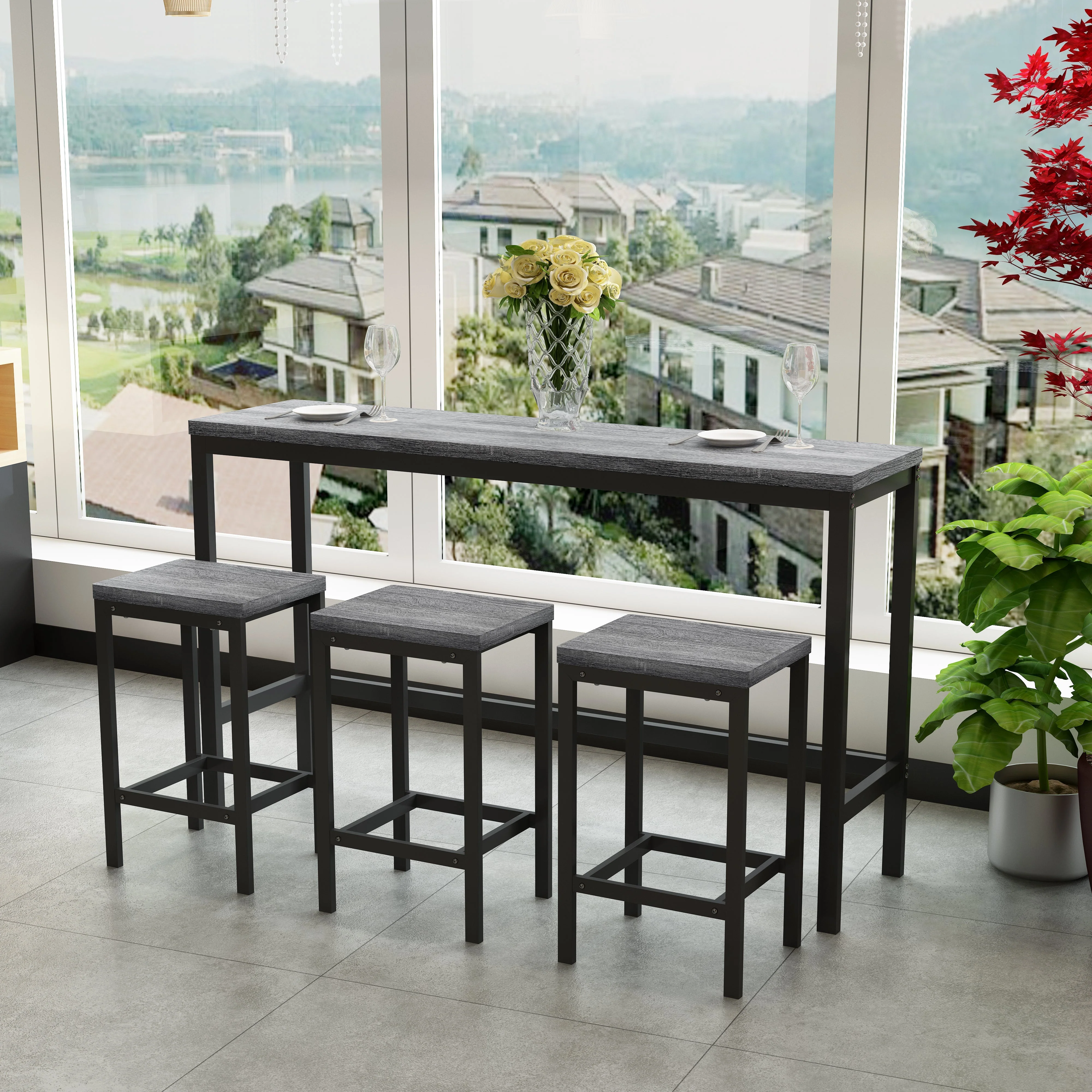 148CM Modern Design Kitchen Dining Table, Pub Table, Long with 3 Stools, Grey - Image 2