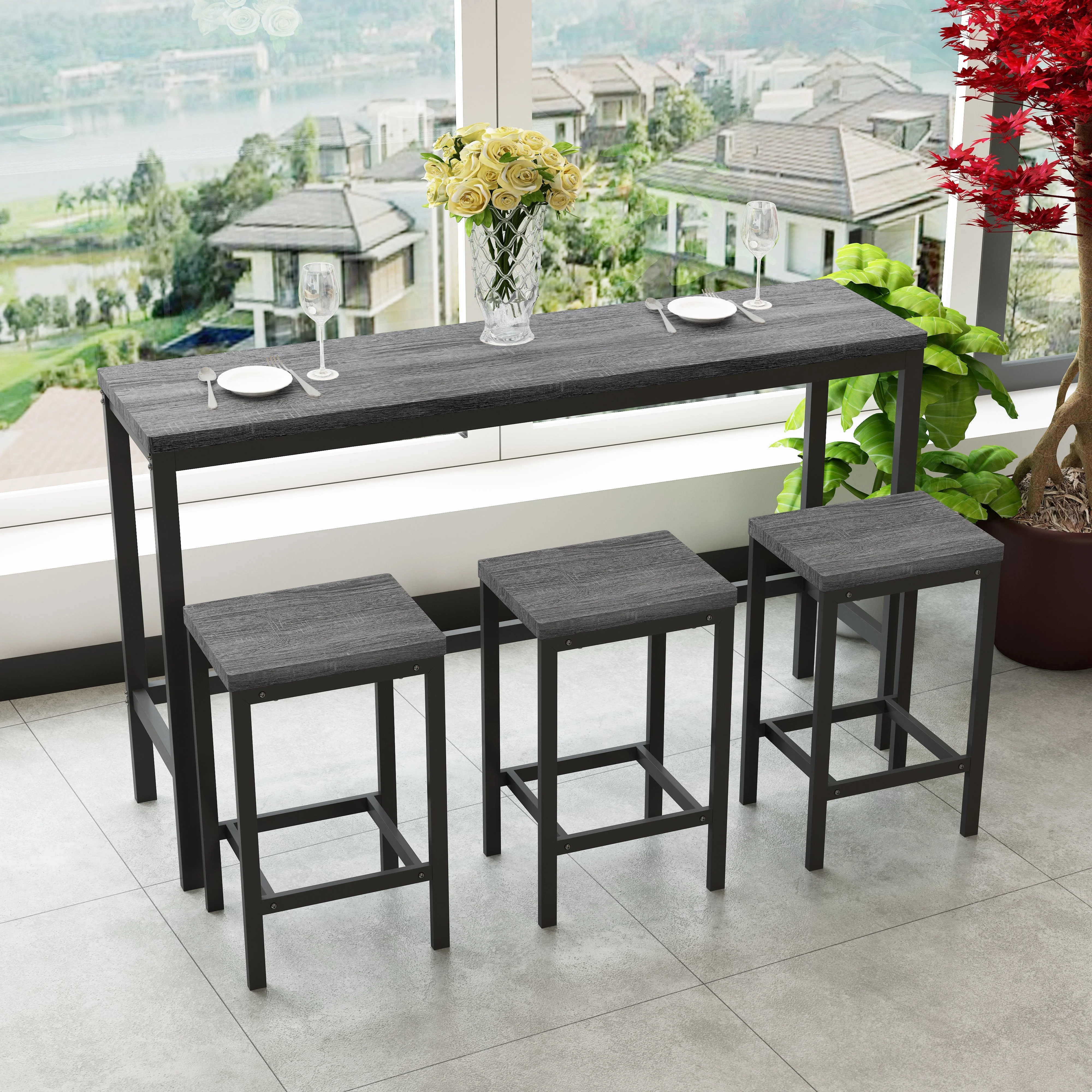 148CM Modern Design Kitchen Dining Table, Pub Table, Long with 3 Stools, Grey - Image 3