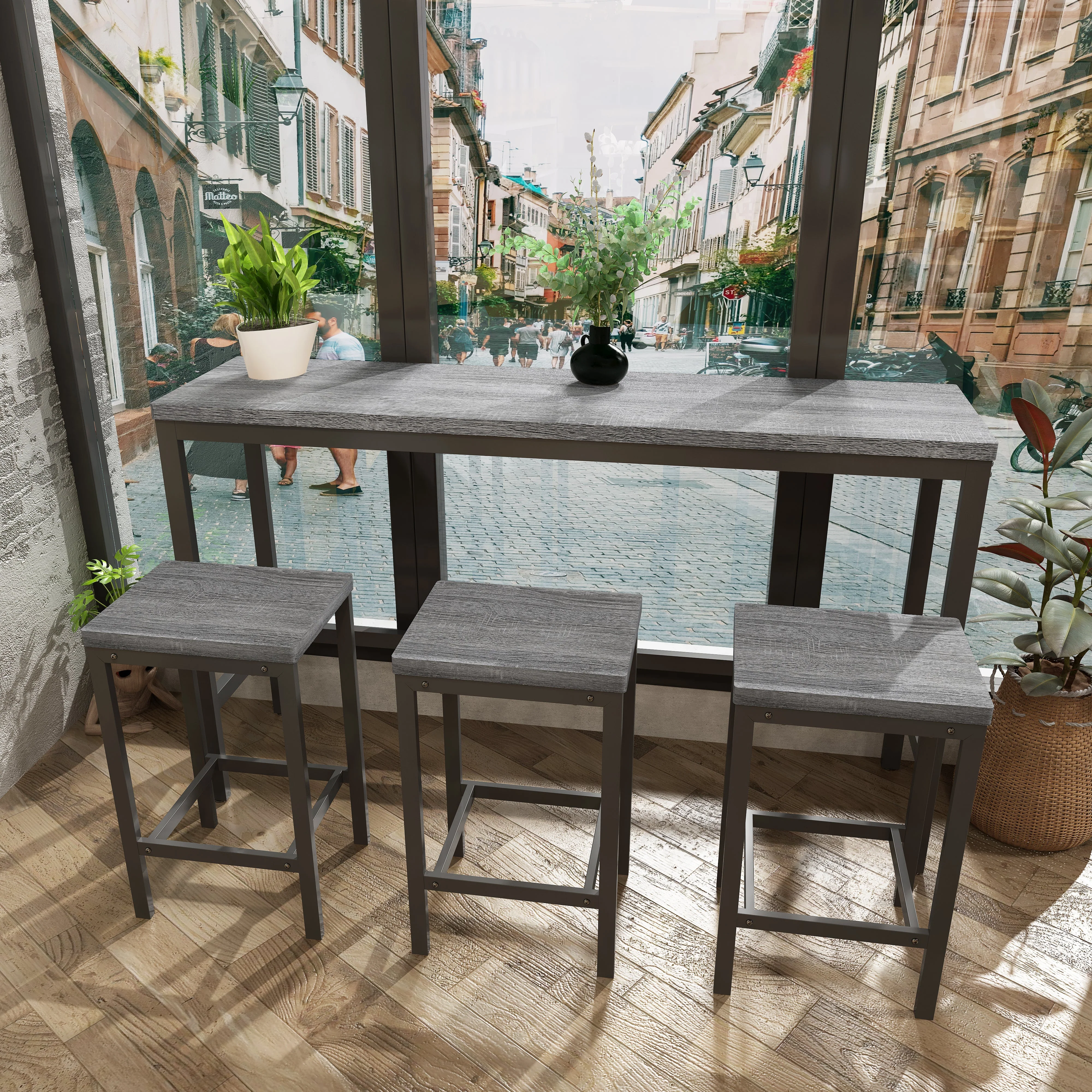 148CM Modern Design Kitchen Dining Table, Pub Table, Long with 3 Stools, Grey - Image 4
