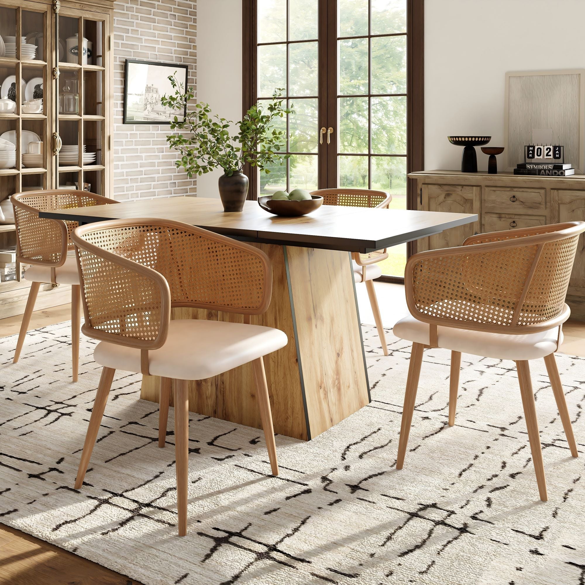2 Dining Chairs Modern Rattan Backrest PU Leather Set - Image 3