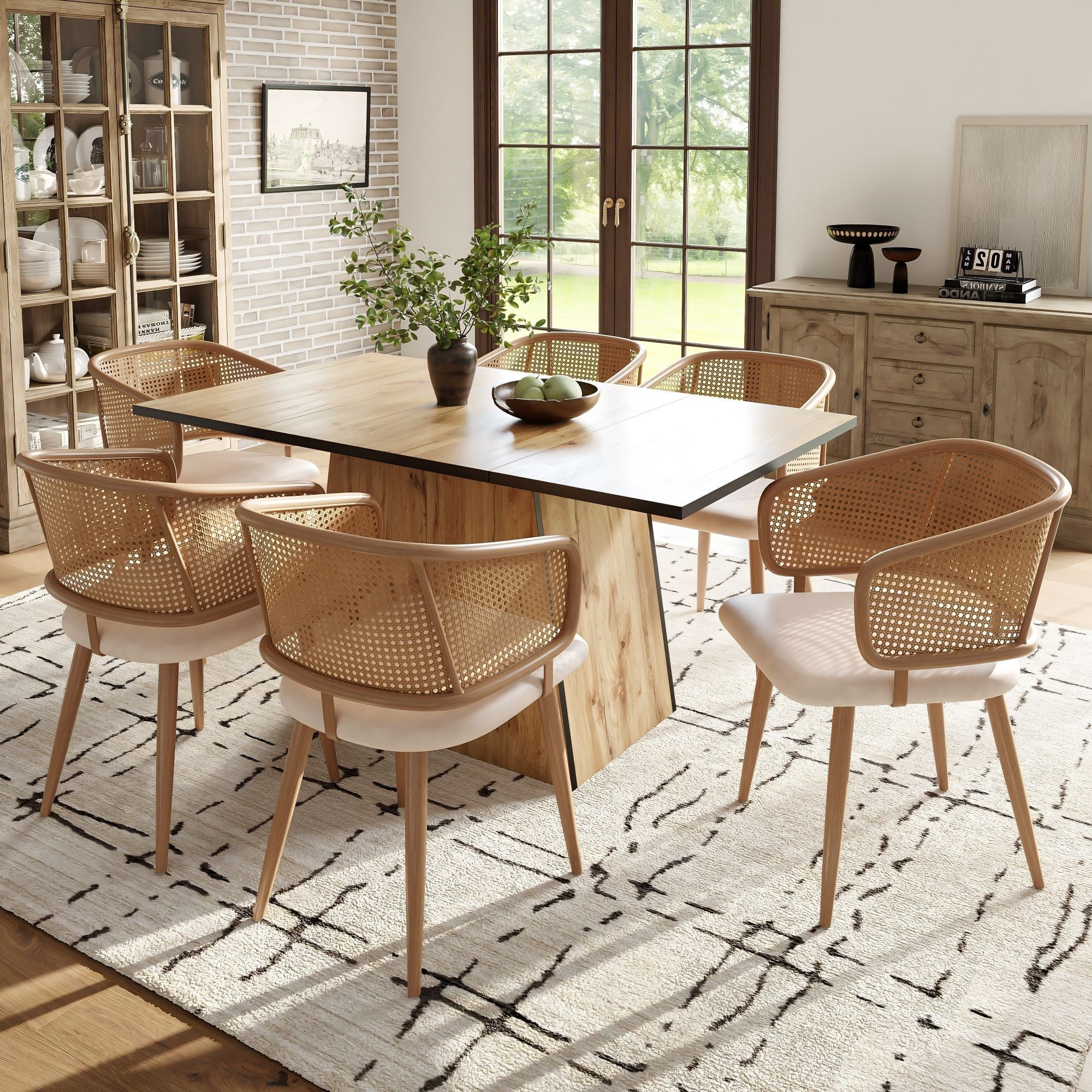 2 Dining Chairs Modern Rattan Backrest PU Leather Set - Image 4