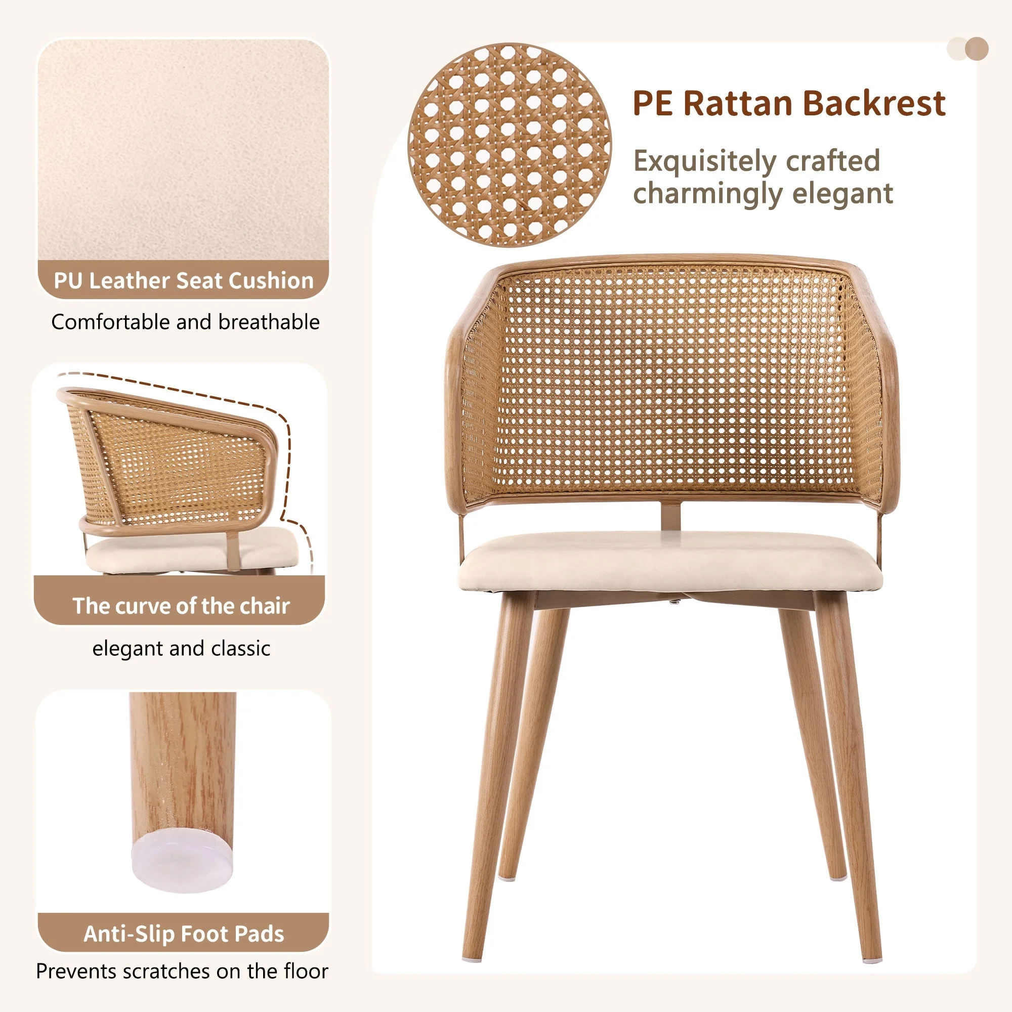 2 Dining Chairs Modern Rattan Backrest PU Leather Set - Image 9