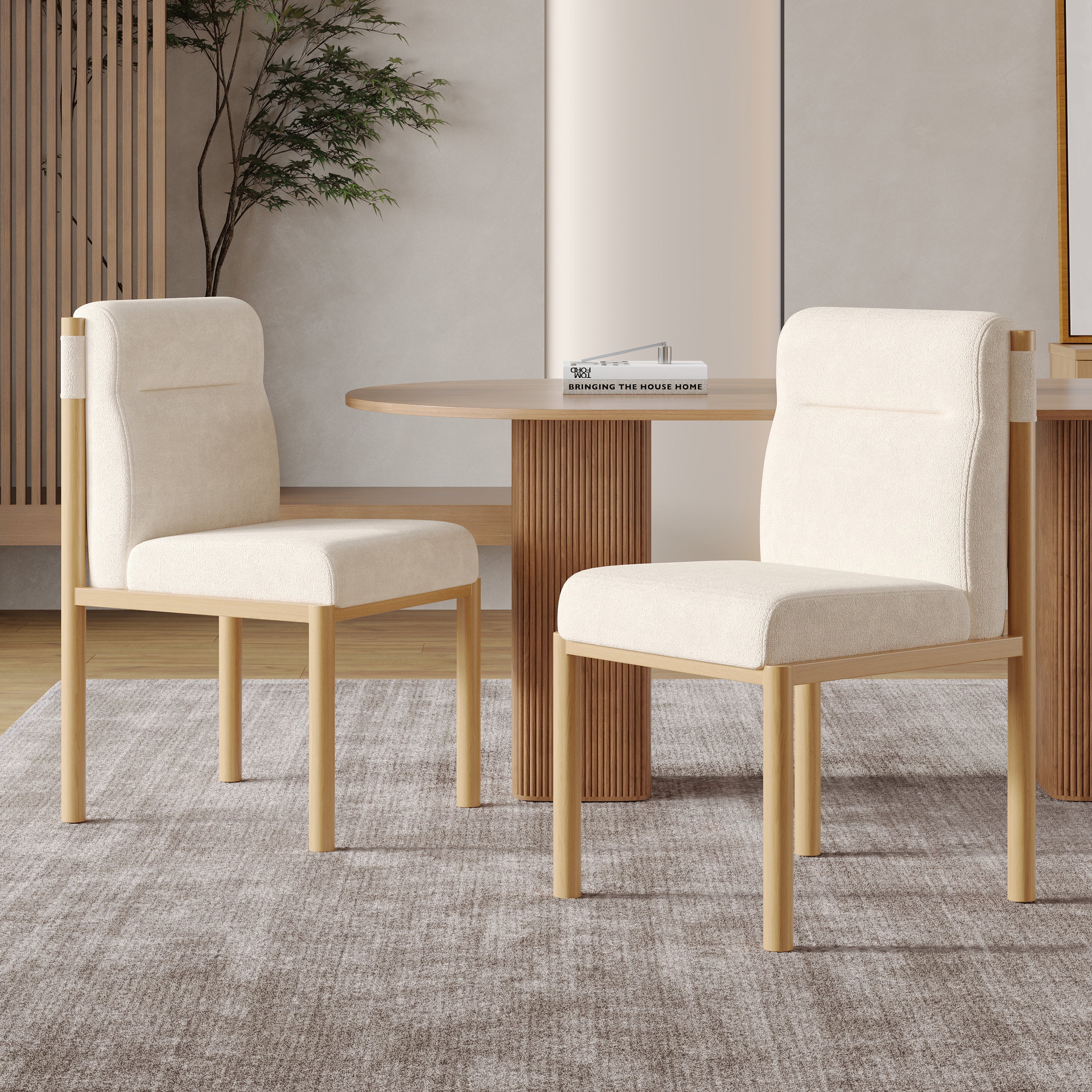 2 Dining Chairs Padded Modern Oak-Effect Frame - Beige Sherpa Fabric
