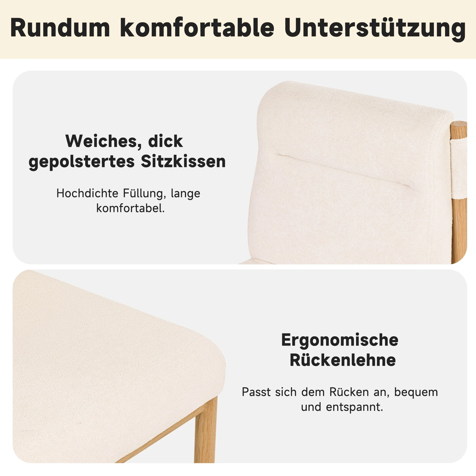 2 Dining Chairs Padded Modern Oak-Effect Frame - Beige Sherpa Fabric - Image 5
