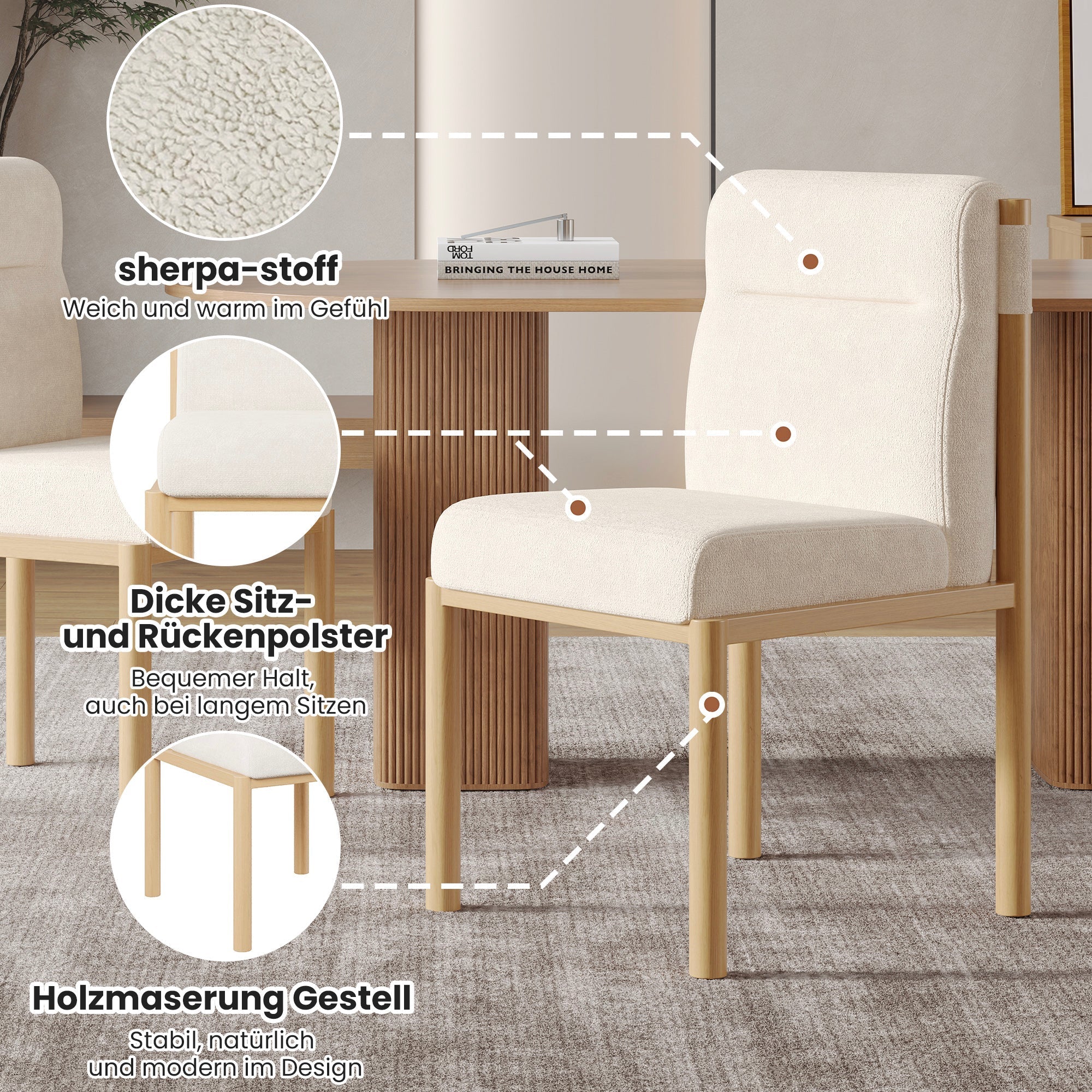 2 Dining Chairs Padded Modern Oak-Effect Frame - Beige Sherpa Fabric - Image 7