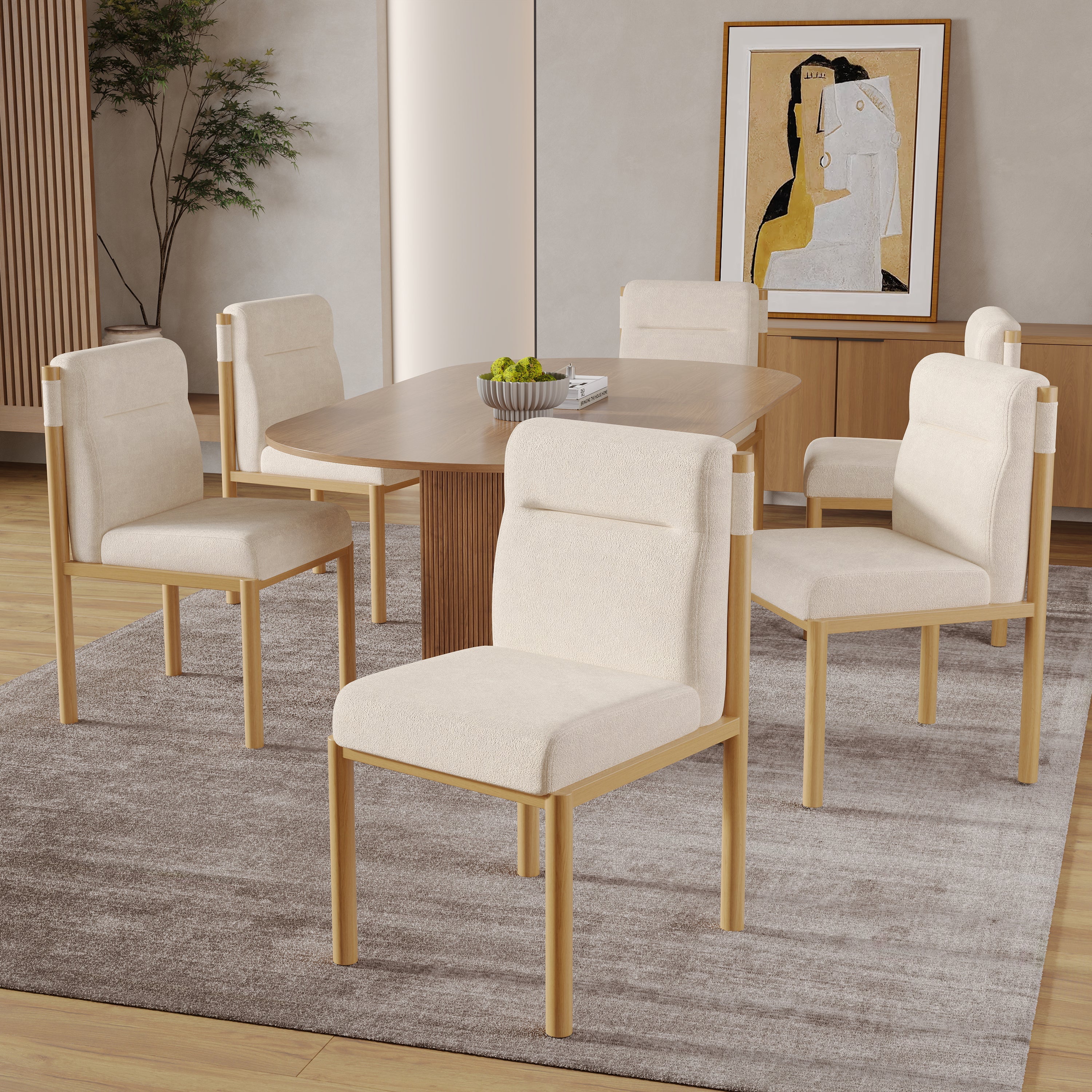 2 Dining Chairs Padded Modern Oak-Effect Frame - Beige Sherpa Fabric - Image 9