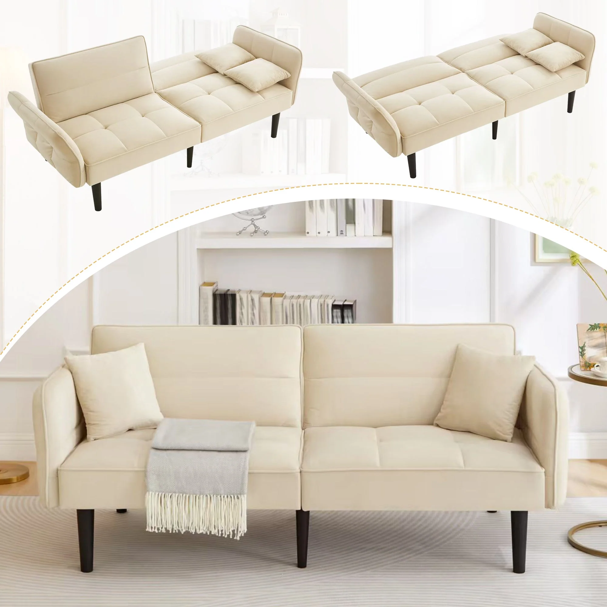 2-in-1 Adjustable Sofa Bed, Two-seater with Folding Armrests and Sleeping Function, Velvet