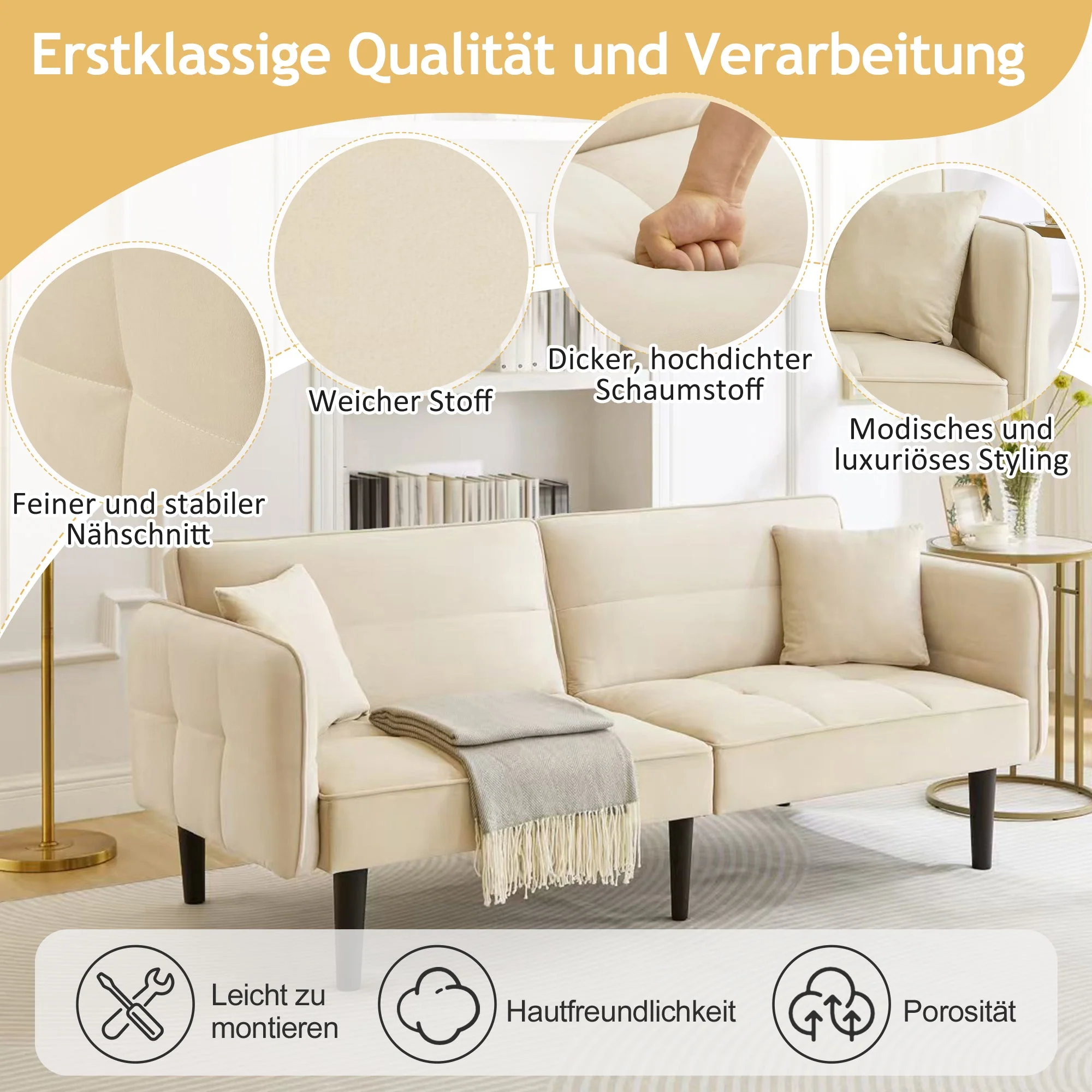 2-in-1 Adjustable Sofa Bed, Two-seater with Folding Armrests and Sleeping Function, Velvet - Image 2