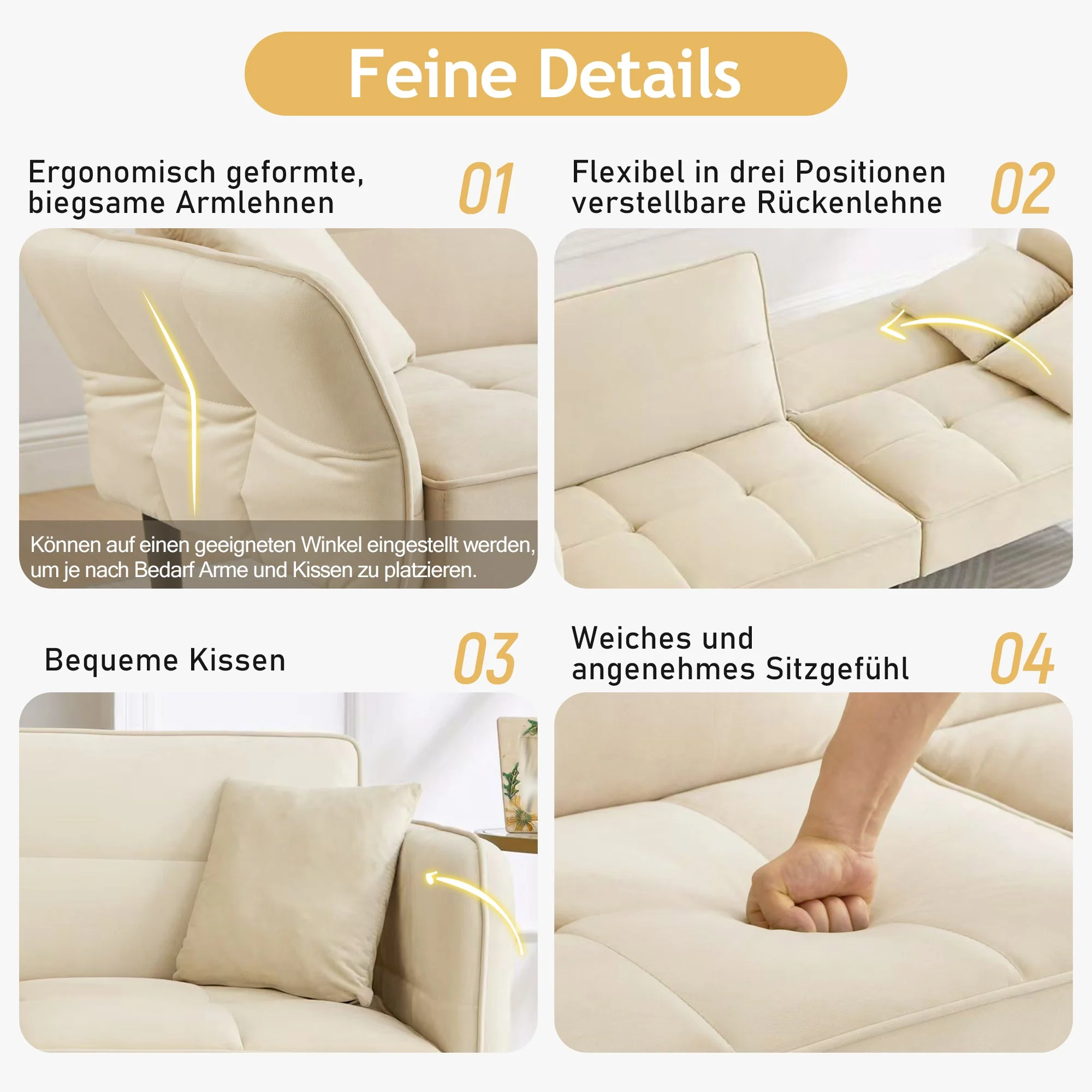2-in-1 Adjustable Sofa Bed, Two-seater with Folding Armrests and Sleeping Function, Velvet - Image 5