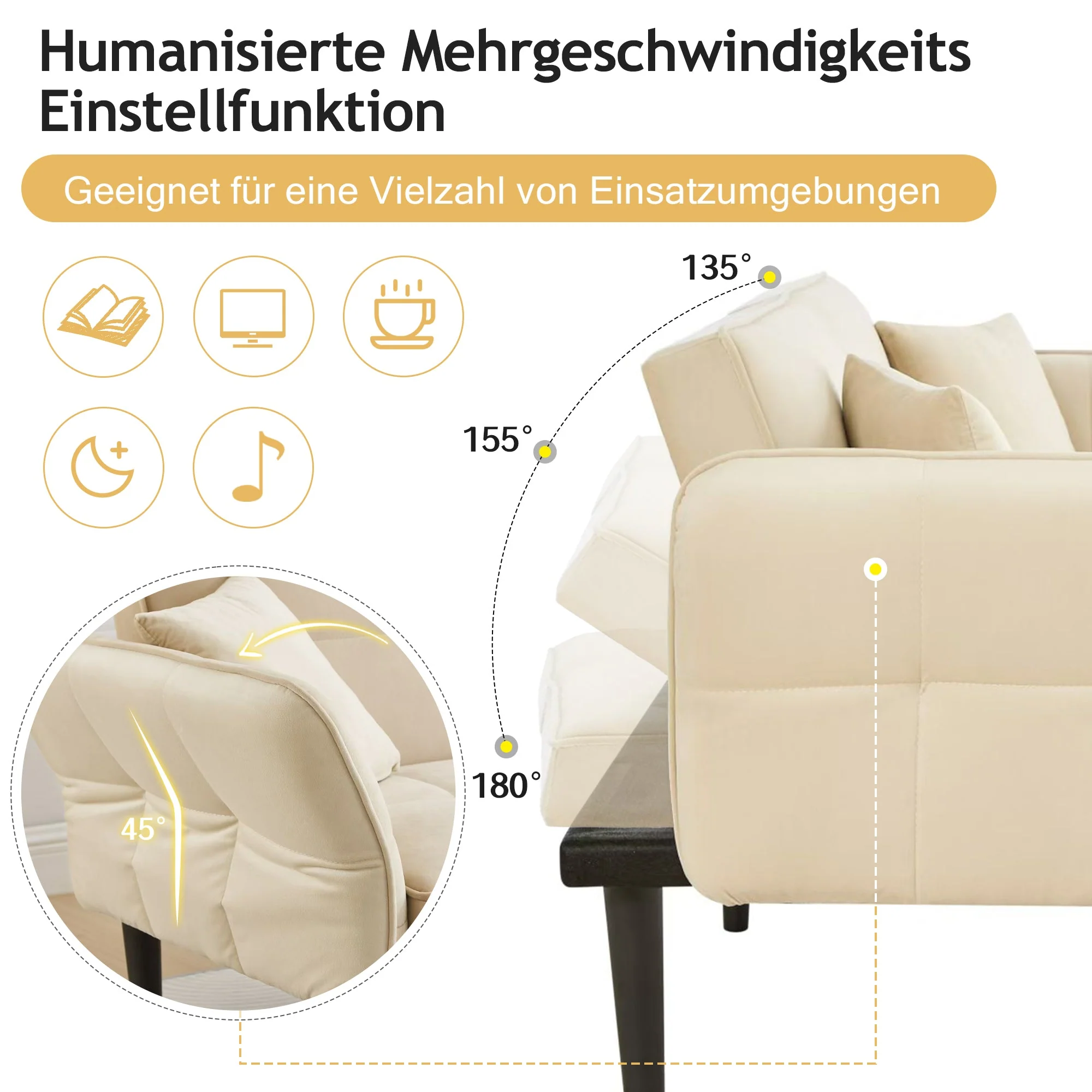 2-in-1 Adjustable Sofa Bed, Two-seater with Folding Armrests and Sleeping Function, Velvet - Image 6