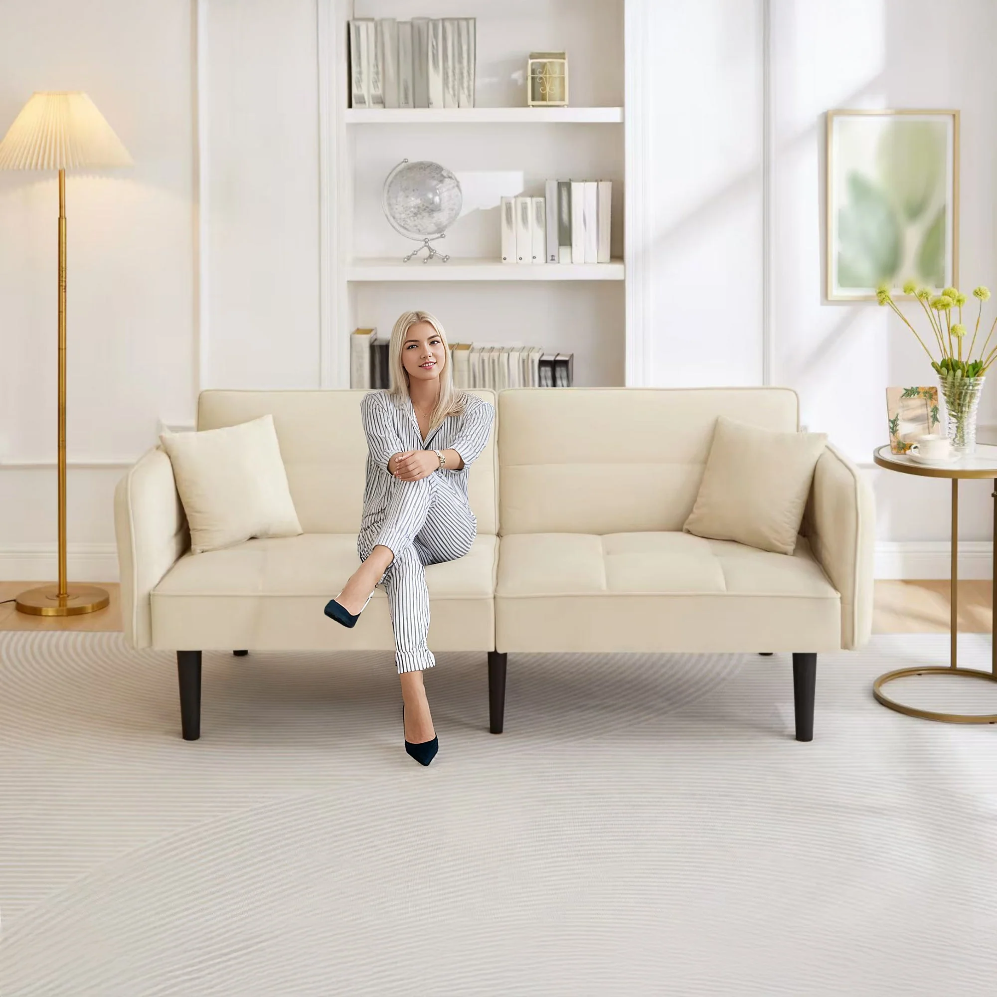 2-in-1 Adjustable Sofa Bed, Two-seater with Folding Armrests and Sleeping Function, Velvet - Image 7