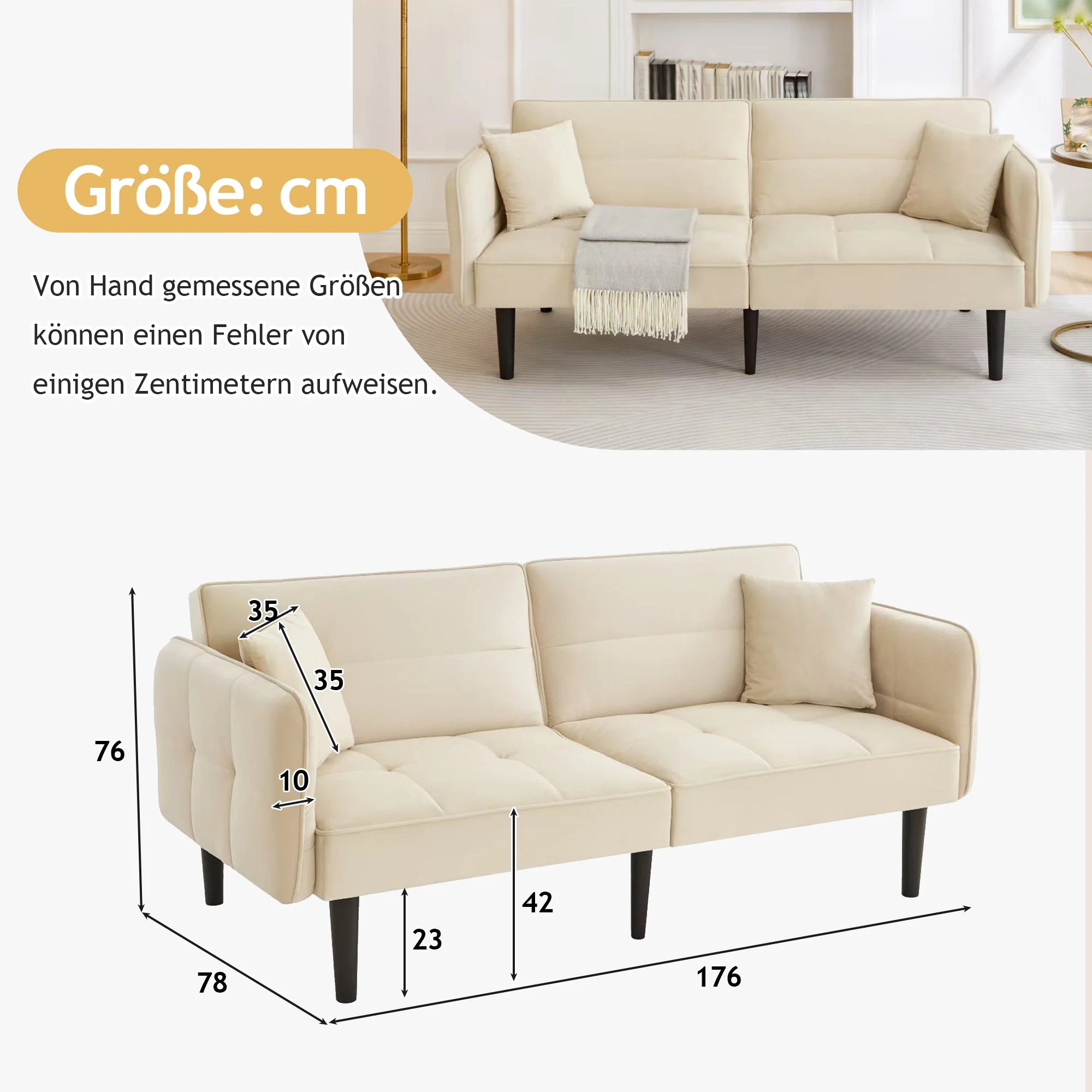 2-in-1 Adjustable Sofa Bed, Two-seater with Folding Armrests and Sleeping Function, Velvet - Image 8