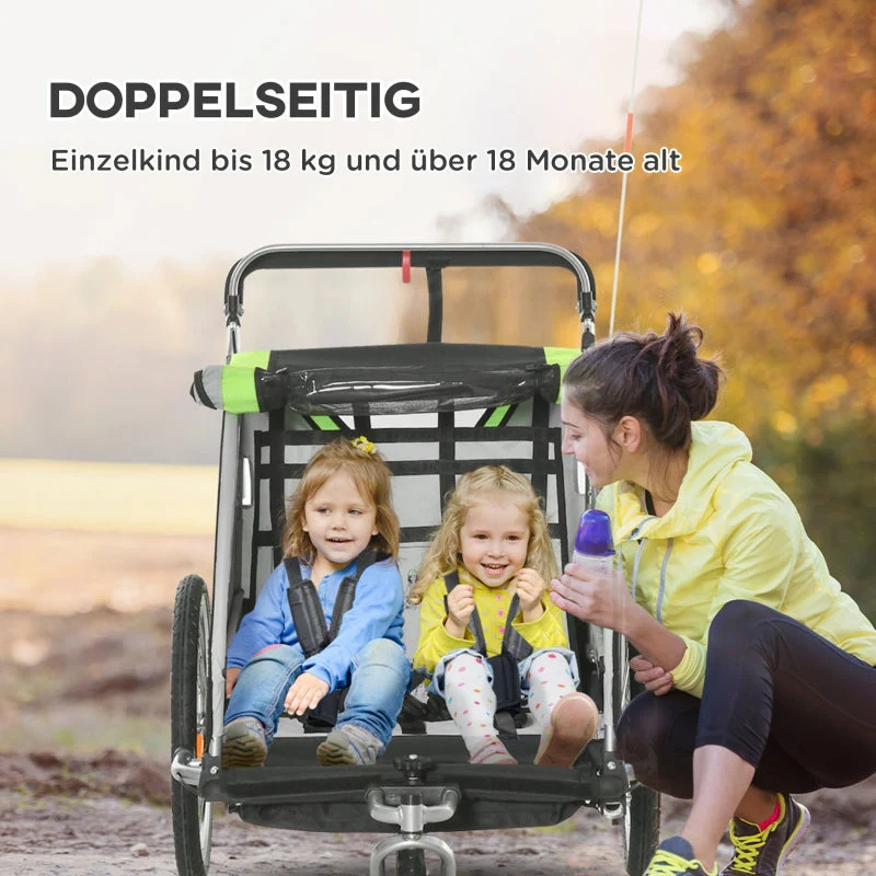 2-in-1 Bicycle Trailer, 2 Children, Push-along, Rain Cover, Brake, Green - Image 5