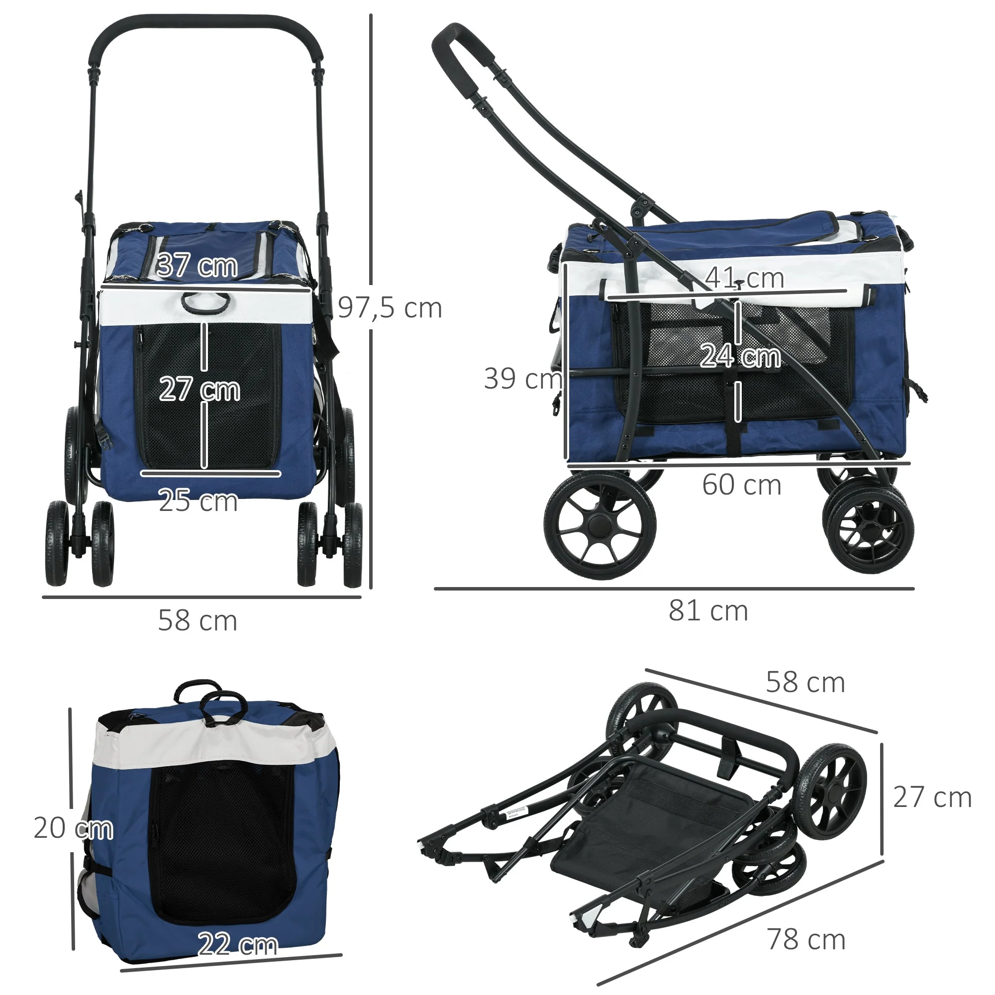 2-in-1 Dog Stroller, Foldable with Removable Basket, Blue - Image 3