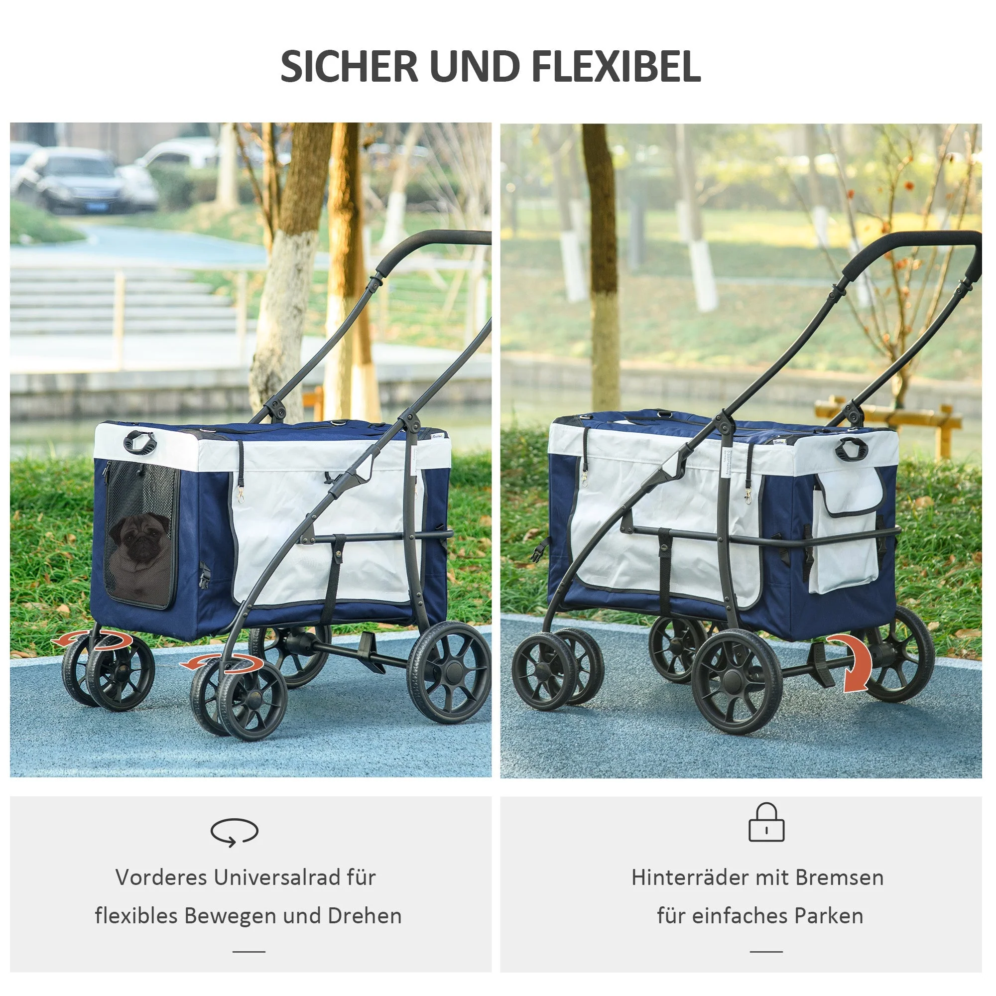 2-in-1 Dog Stroller, Foldable with Removable Basket, Blue - Image 4