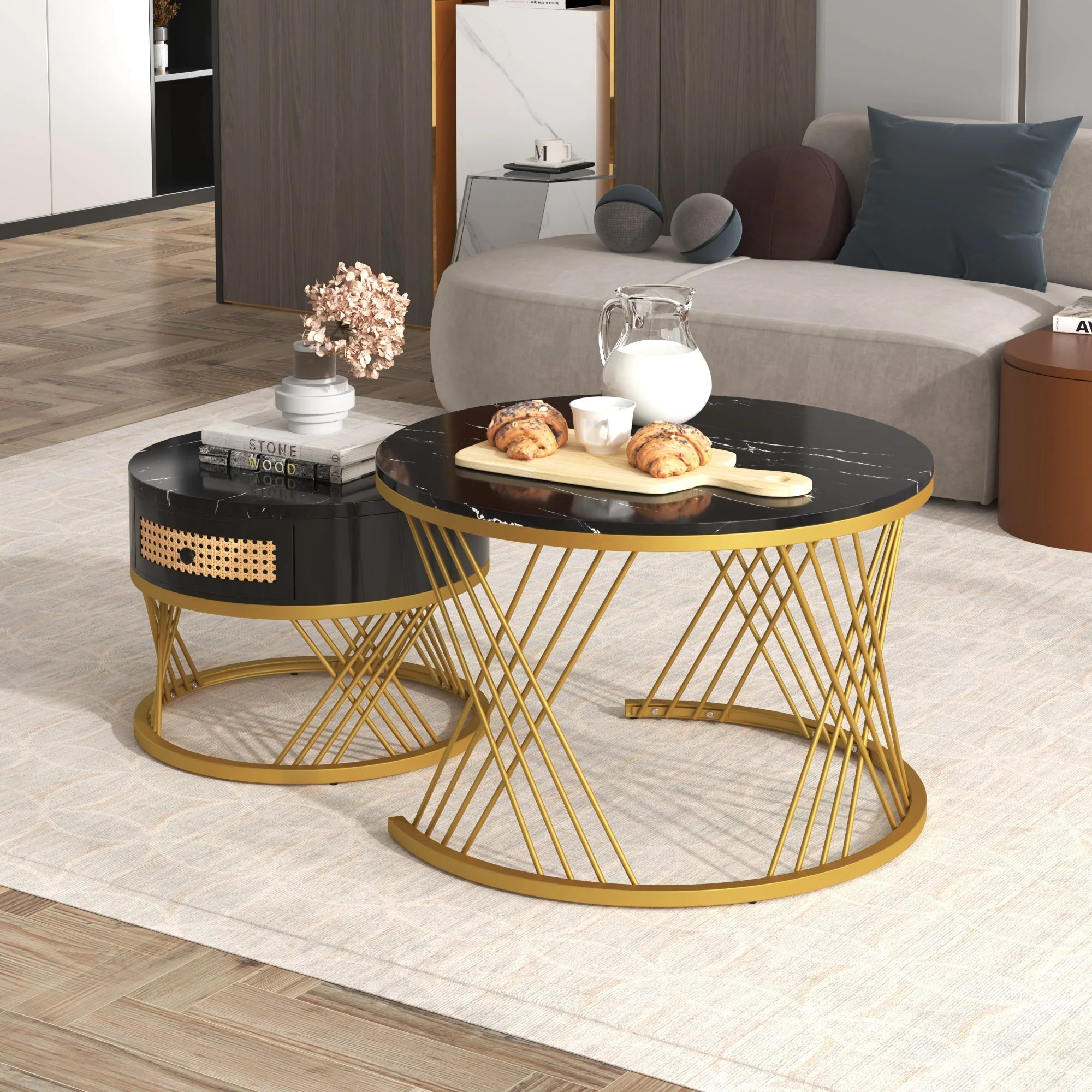 2-in-1 Round Coffee Table with Rattan Drawers and Gold Iron Legs, Marble Grain Veneer Top - Image 3
