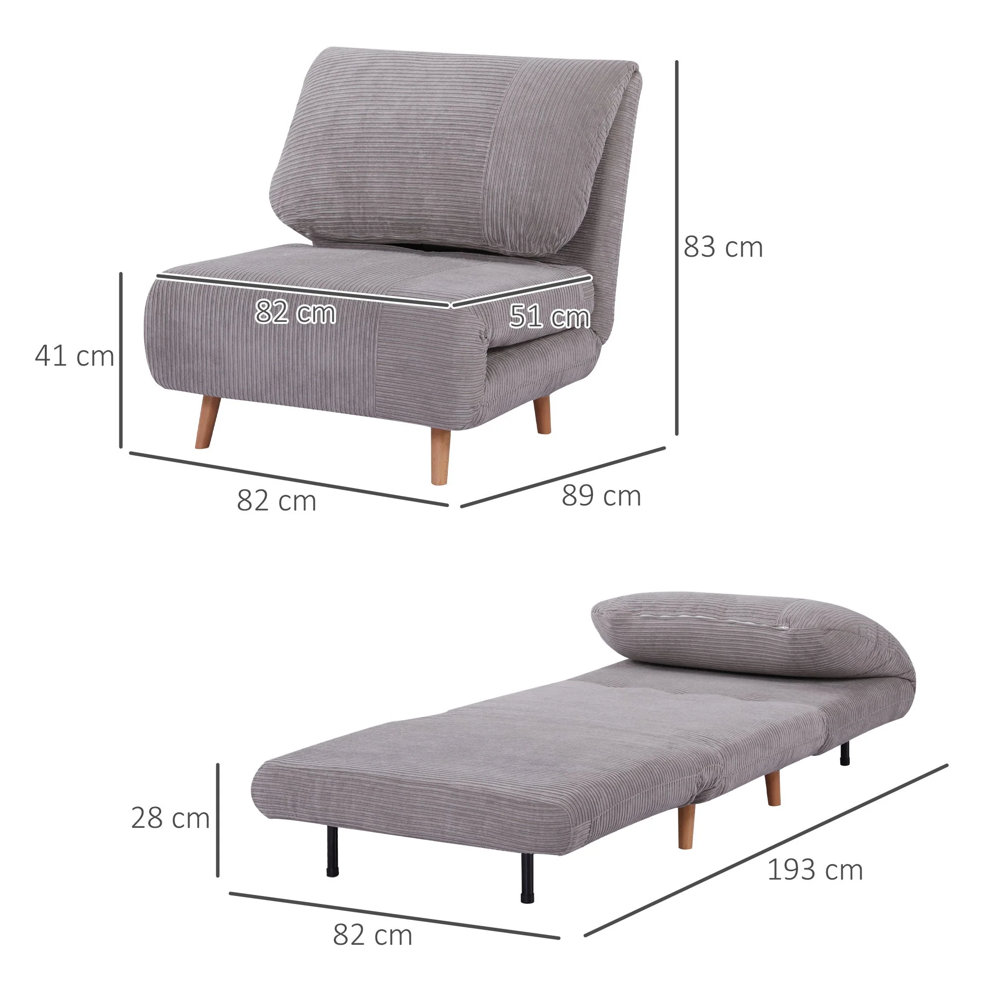2-in-1 Sofa Bed Sleeper Chair Adjustable Folding Mattress Corduroy Light Grey - Image 3