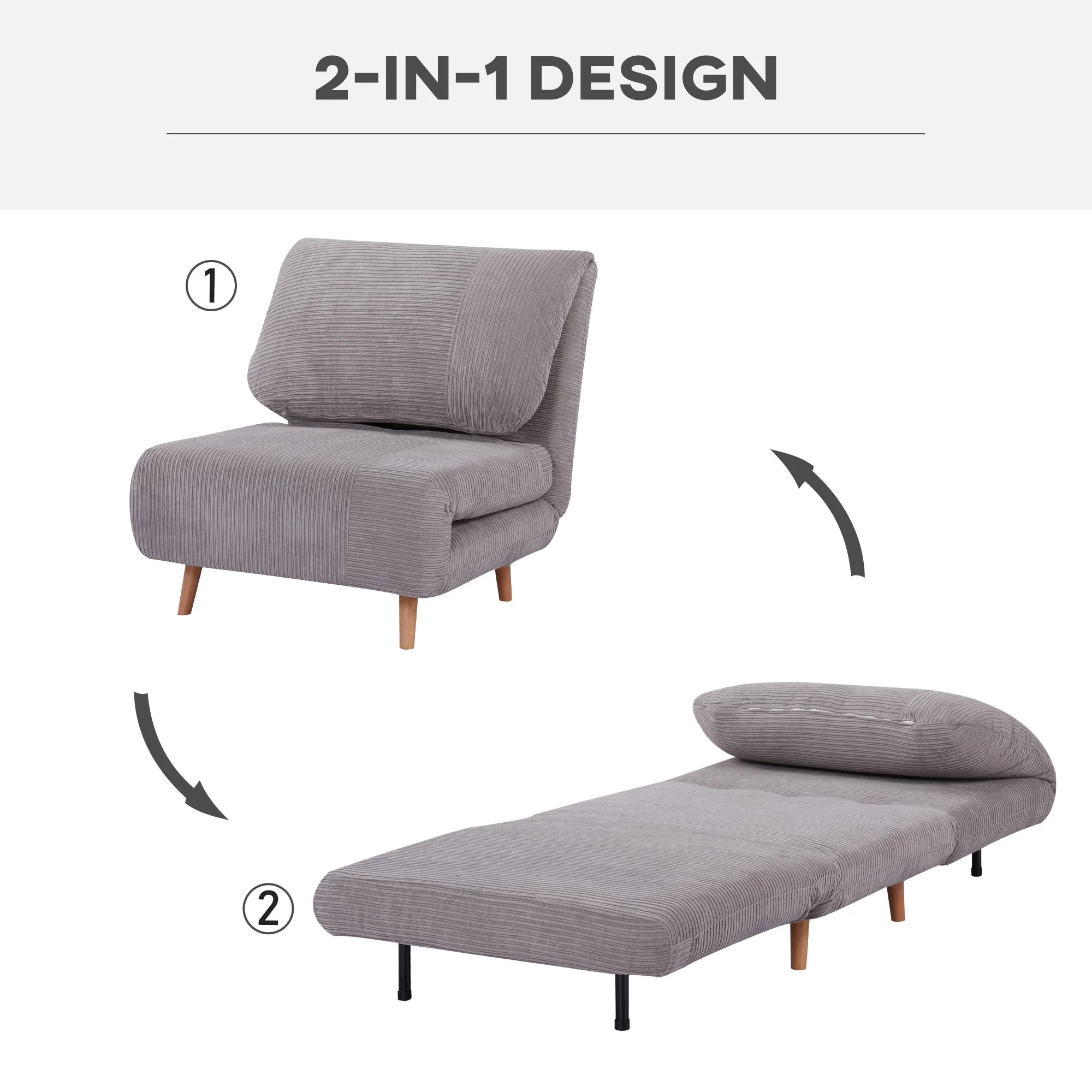 2-in-1 Sofa Bed Sleeper Chair Adjustable Folding Mattress Corduroy Light Grey - Image 4